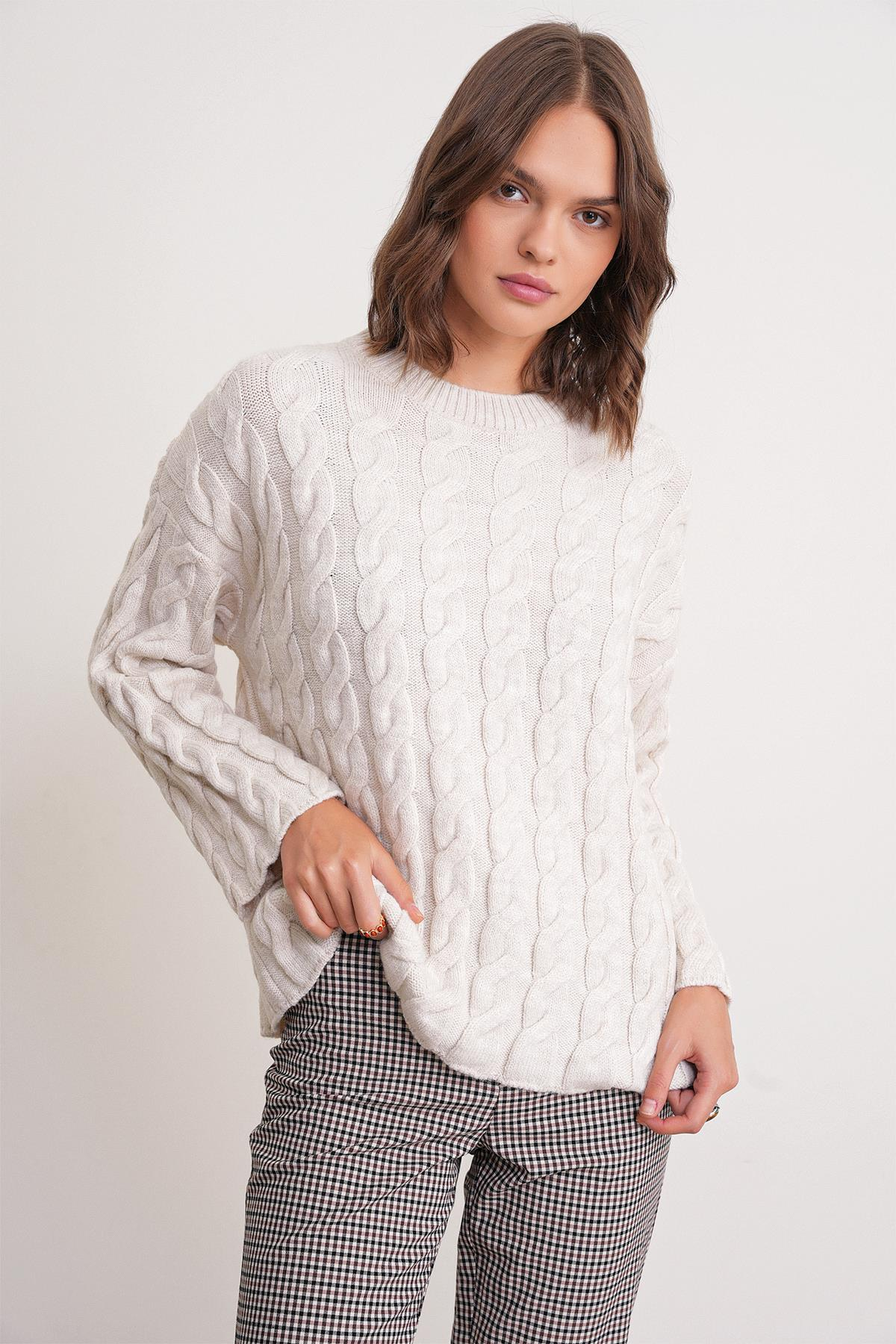 6973 Kadın Saç Örgülü Regular Basic Triko Kazak Taş