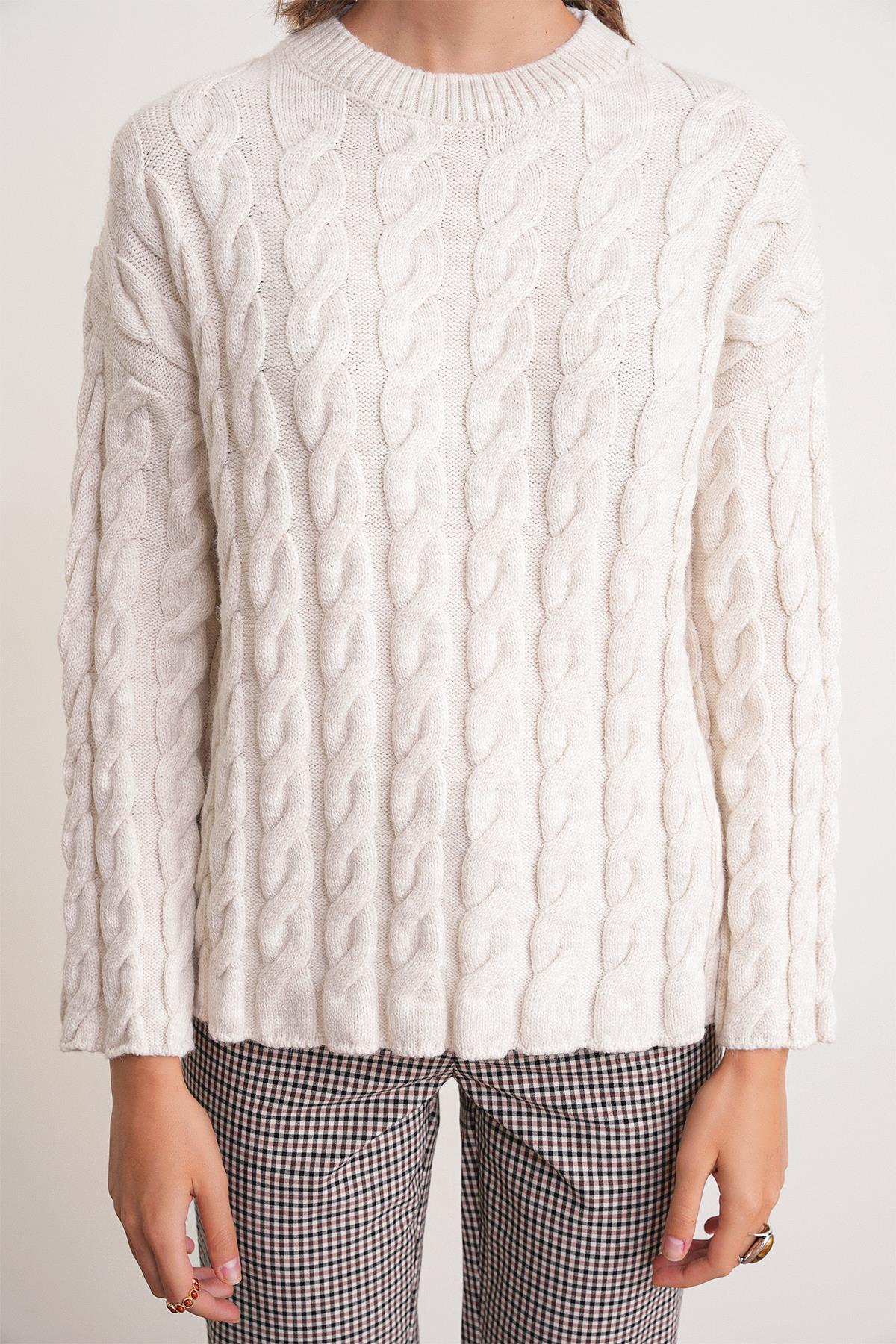 6973 Kadın Saç Örgülü Regular Basic Triko Kazak Taş