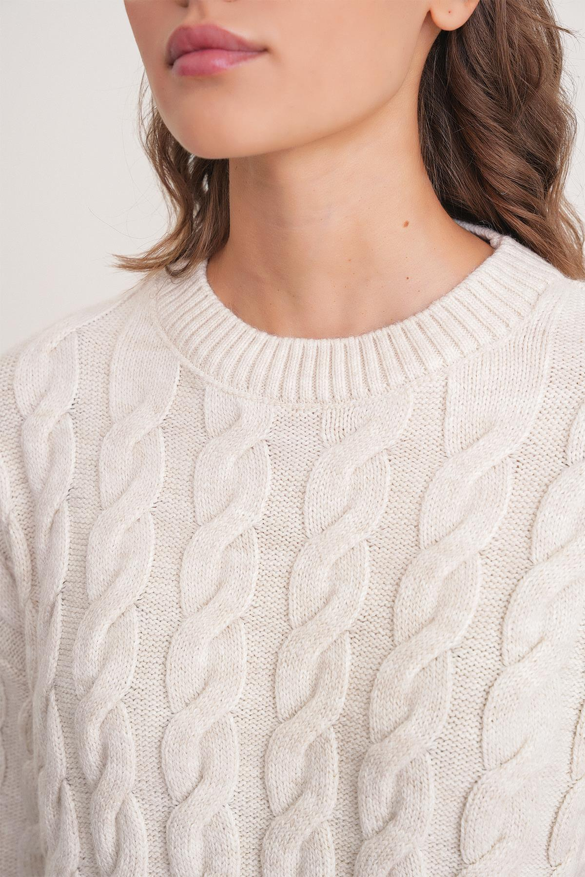 6973 Kadın Saç Örgülü Regular Basic Triko Kazak Taş