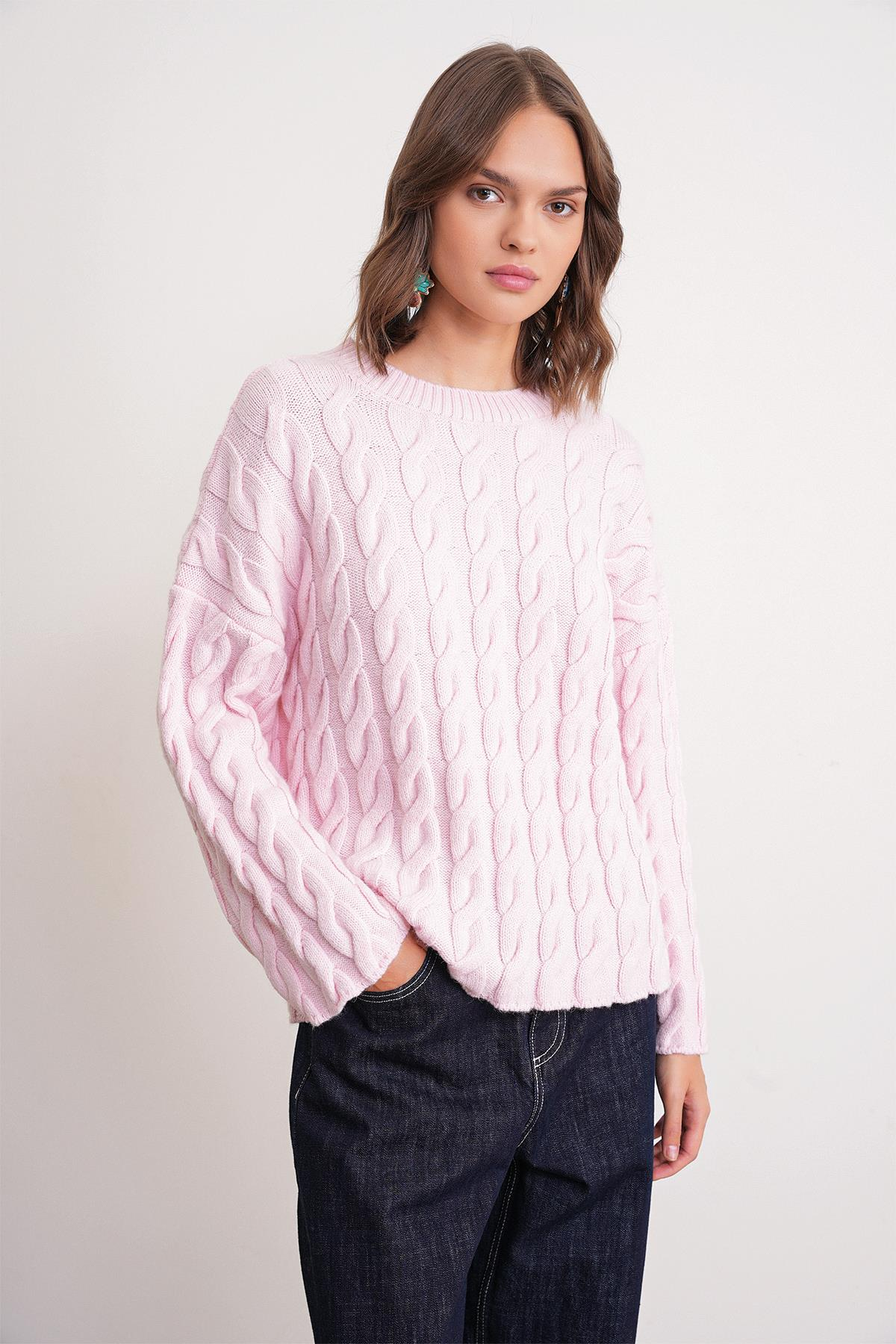 6973 Kadın Saç Örgülü Regular Basic Triko Kazak Pembe