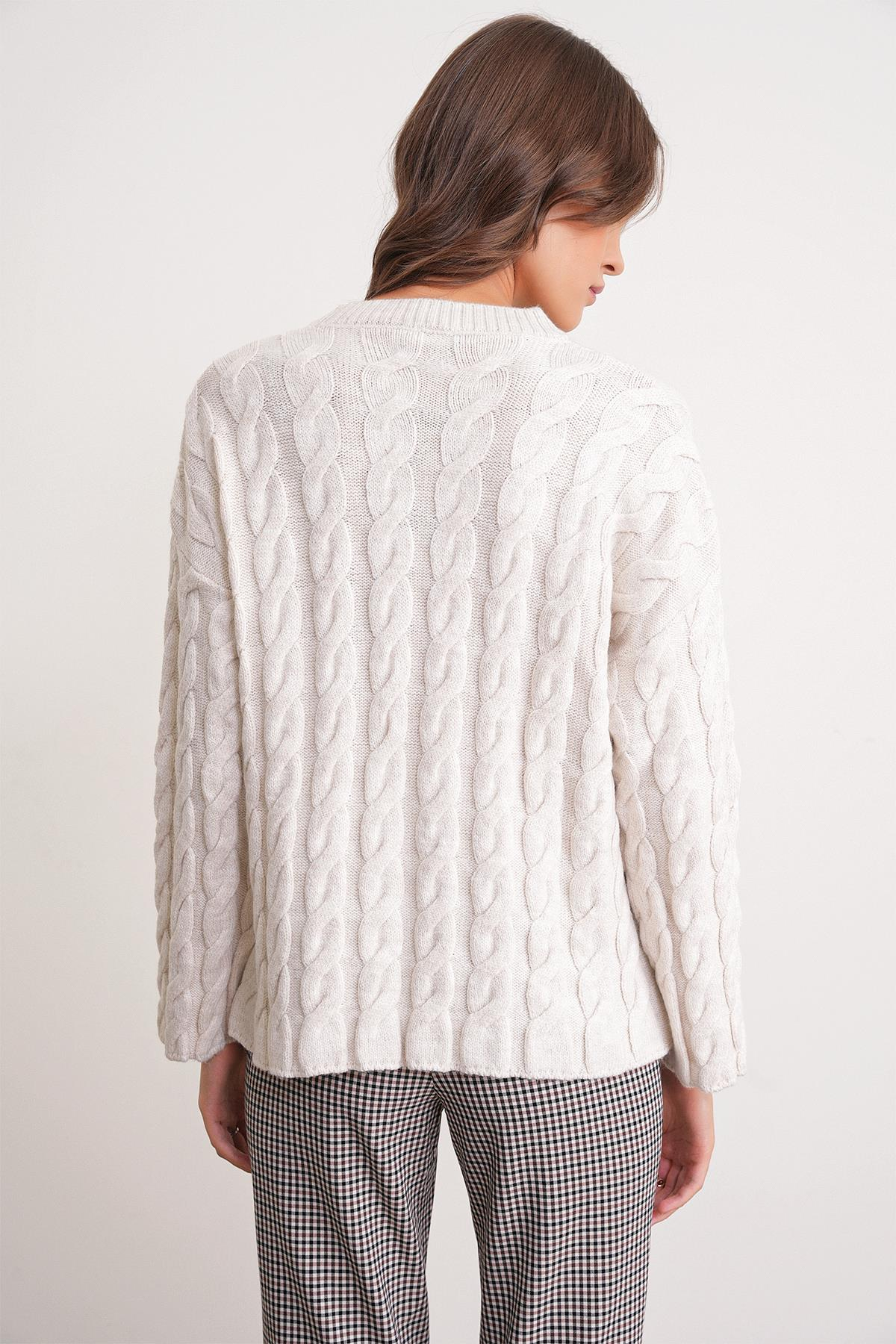 6973 Kadın Saç Örgülü Regular Basic Triko Kazak Taş