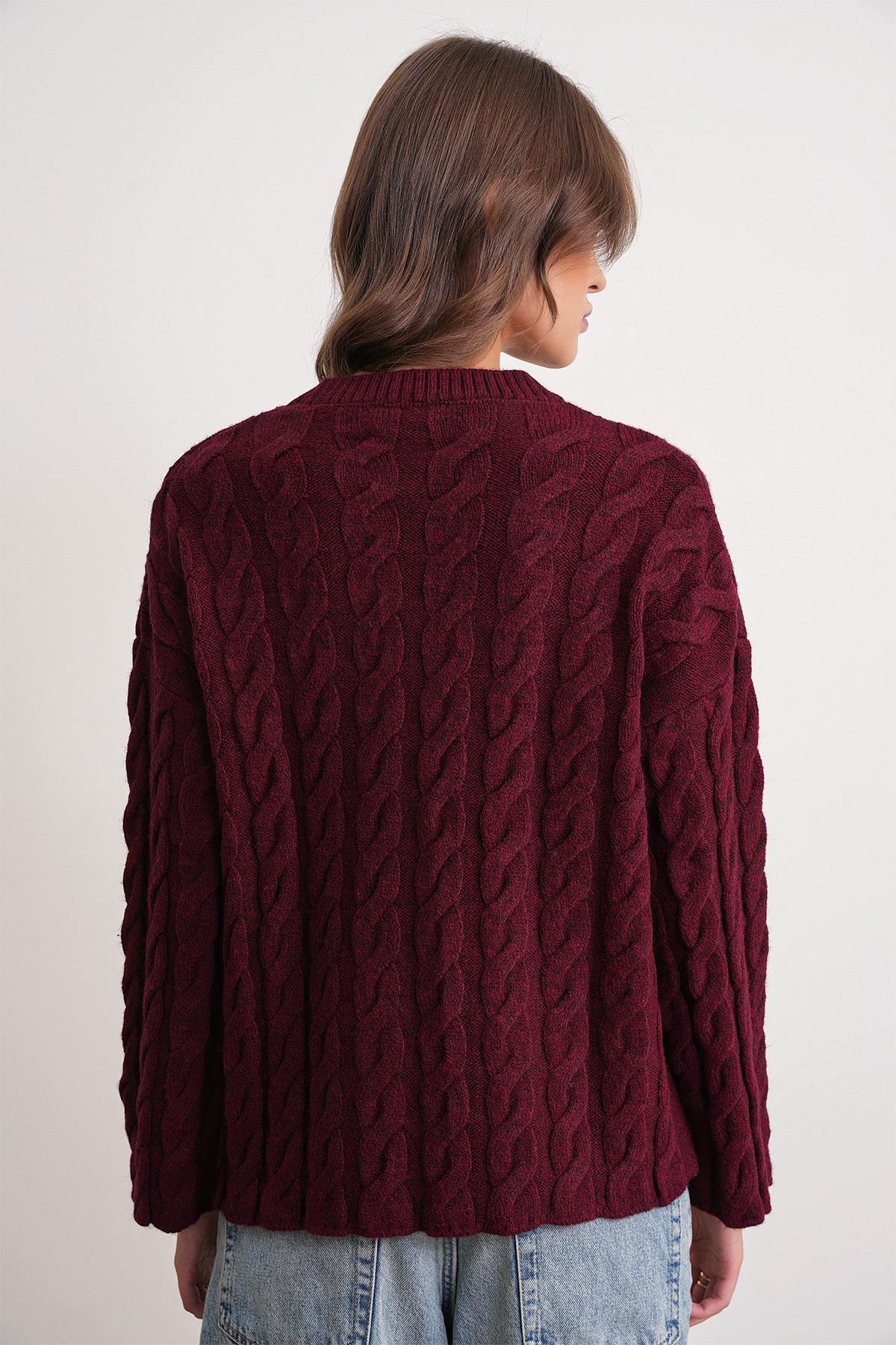 6973 Kadın Saç Örgülü Regular Basic Triko Kazak Bordo