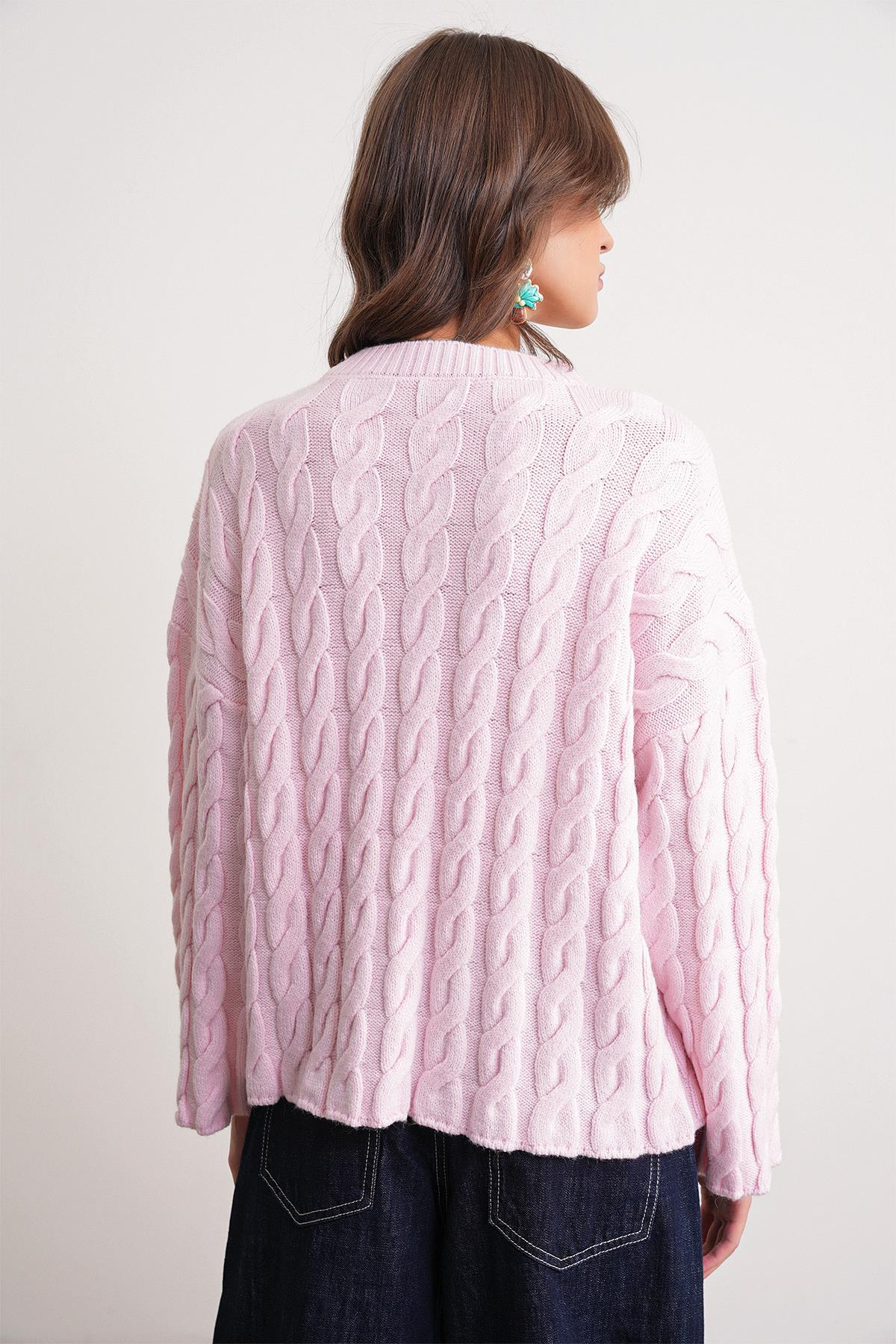 6973 Kadın Saç Örgülü Regular Basic Triko Kazak Pembe