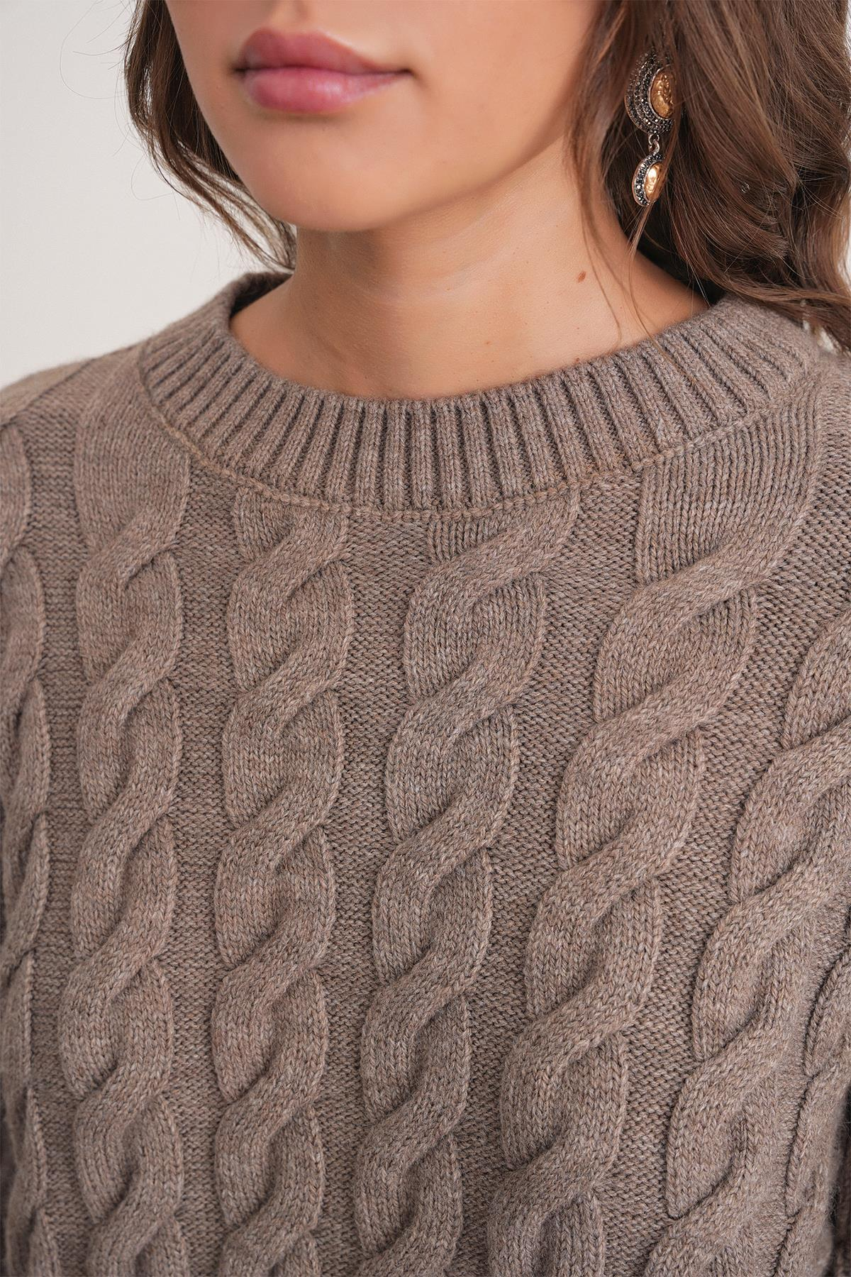 6973 Kadın Saç Örgülü Regular Basic Triko Kazak Toprak