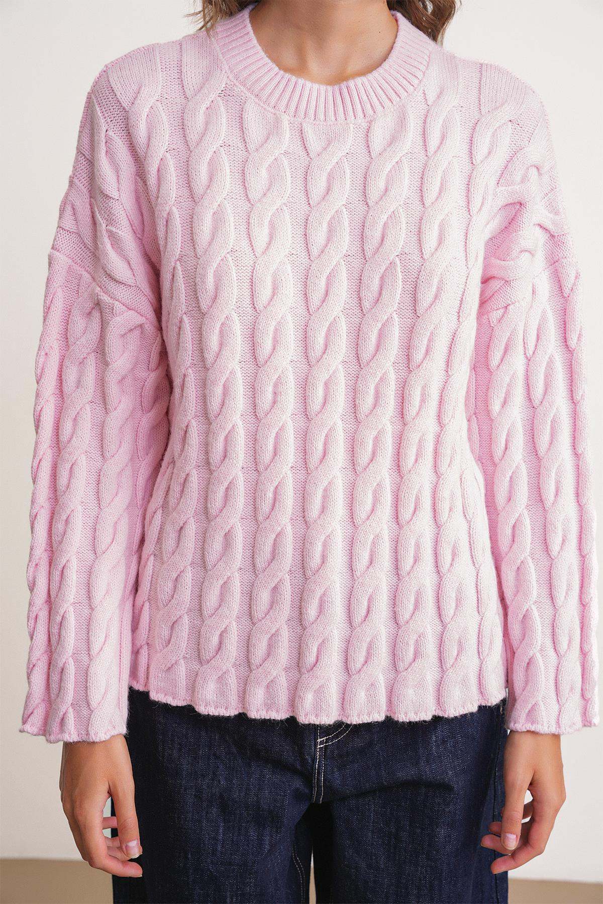 6973 Kadın Saç Örgülü Regular Basic Triko Kazak Pembe