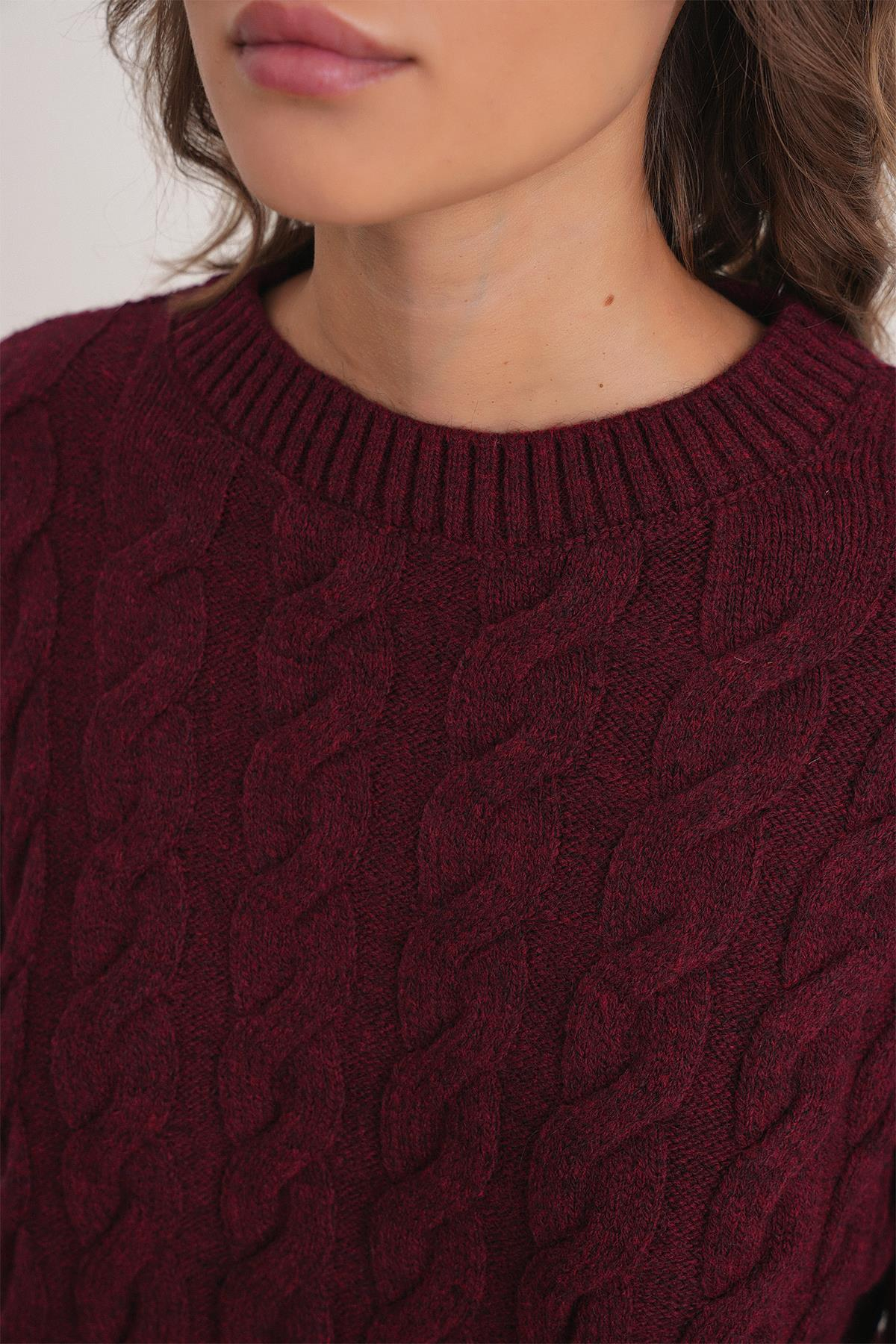 6973 Kadın Saç Örgülü Regular Basic Triko Kazak Bordo