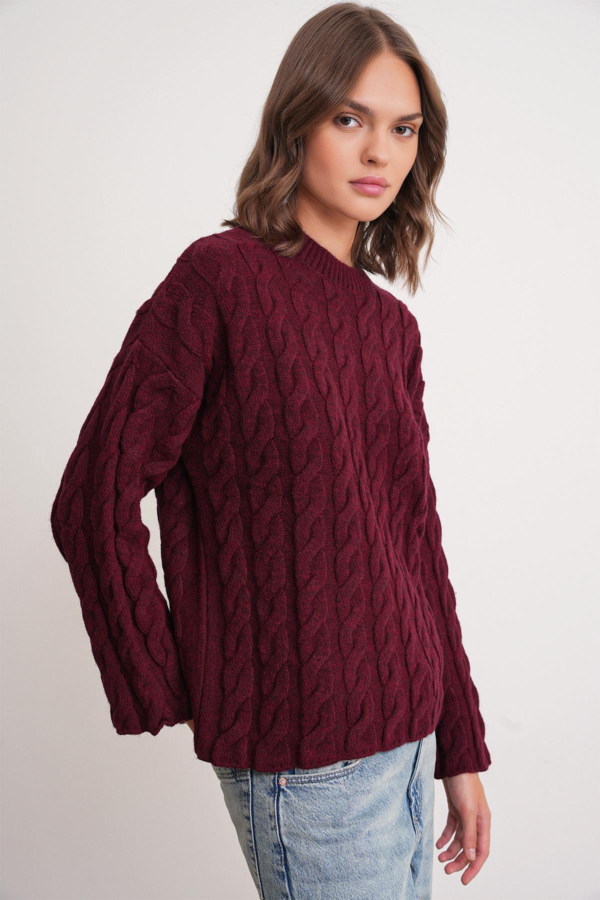 6973 Kadın Saç Örgülü Regular Basic Triko Kazak Bordo