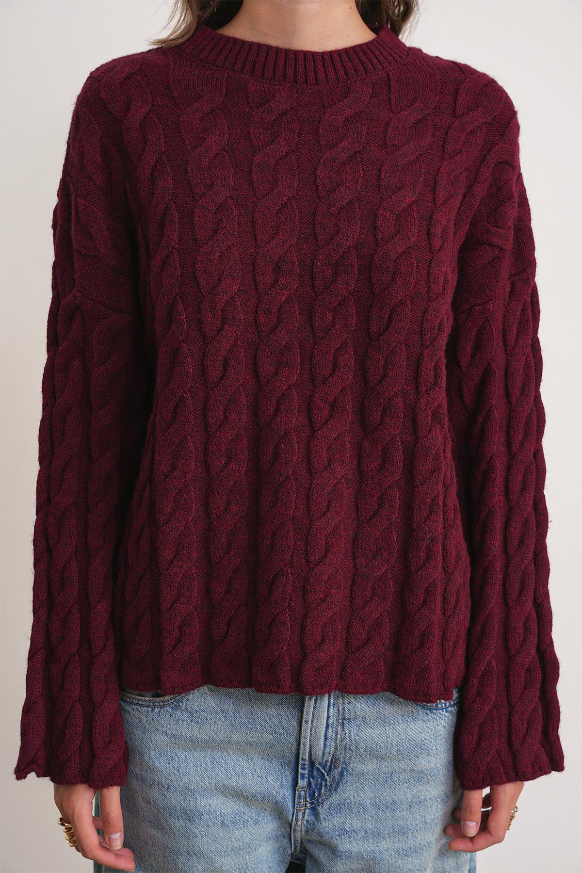 6973 Kadın Saç Örgülü Regular Basic Triko Kazak Bordo