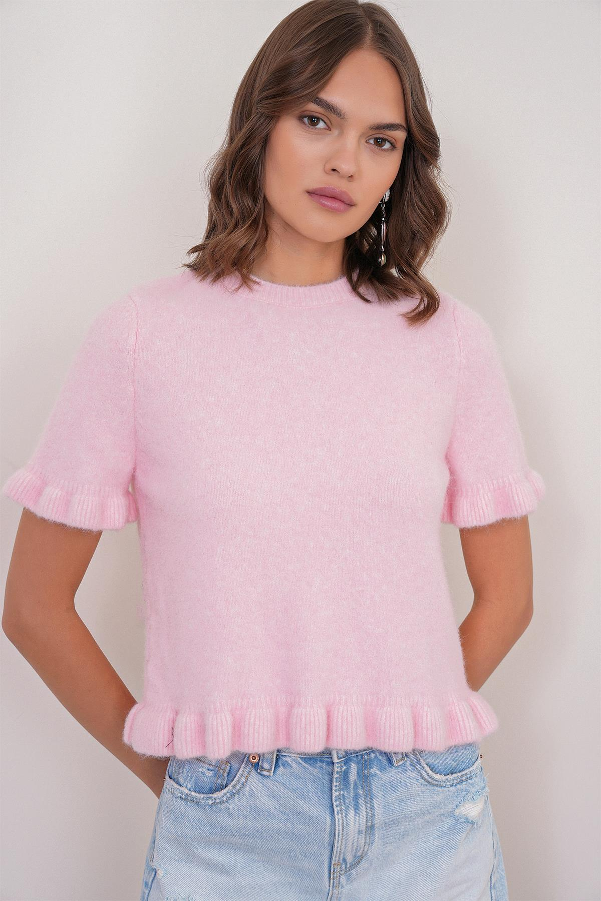 6974 Kadın Triko Fırfırlı Kısa Kol Kazak Pembe