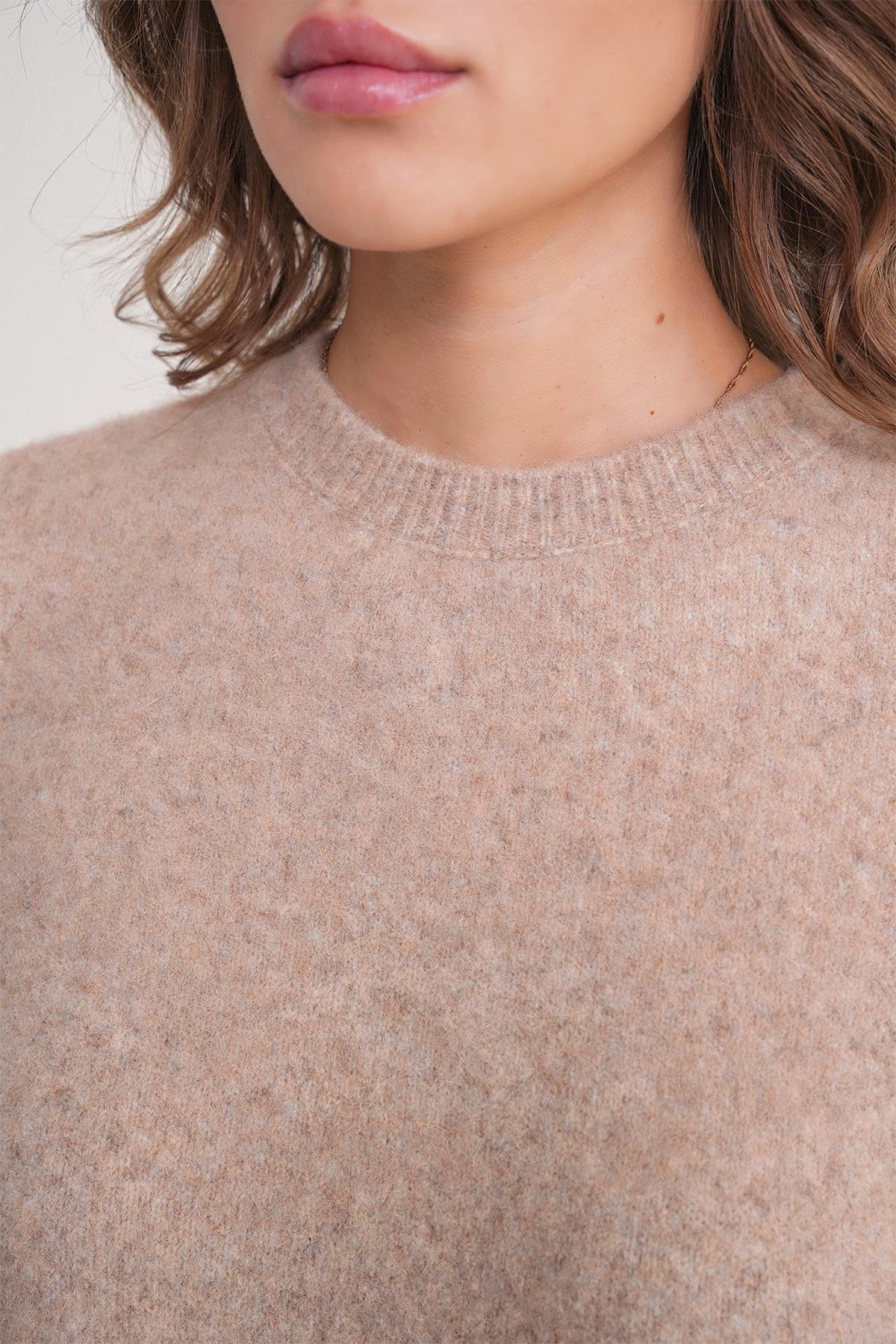 6974 Kadın Triko Fırfırlı Kısa Kol Kazak Vizon Marn