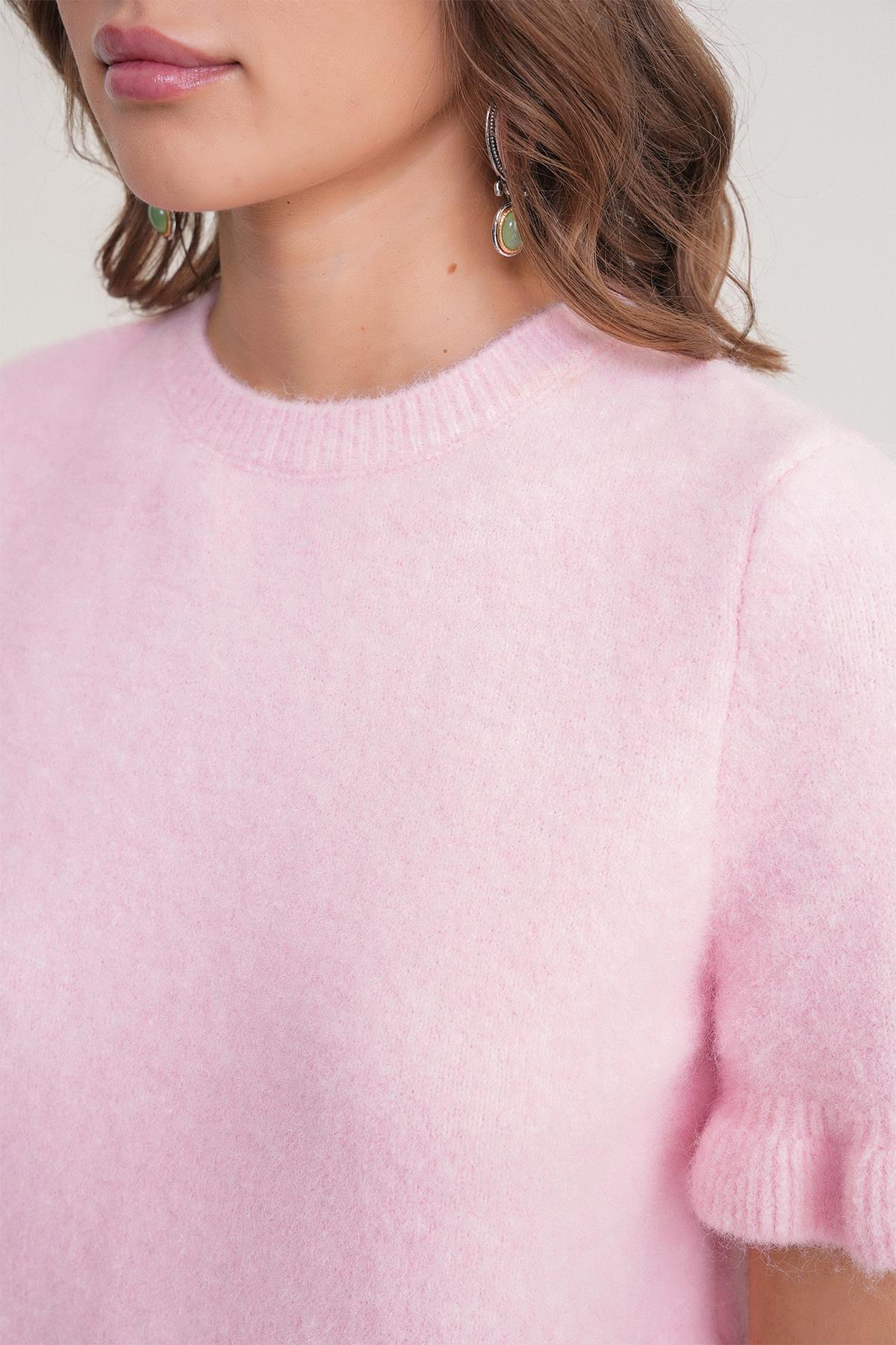 6974 Kadın Triko Fırfırlı Kısa Kol Kazak Pembe