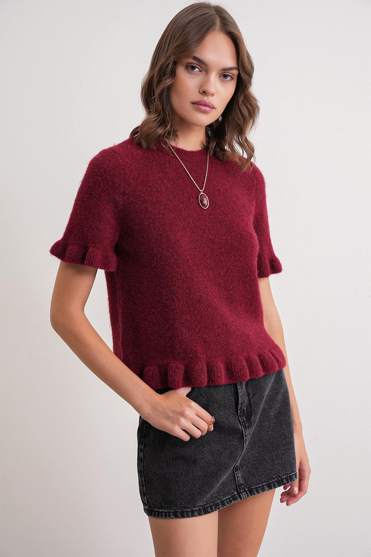 6974 Kadın Triko Fırfırlı Kısa Kol Kazak Bordo