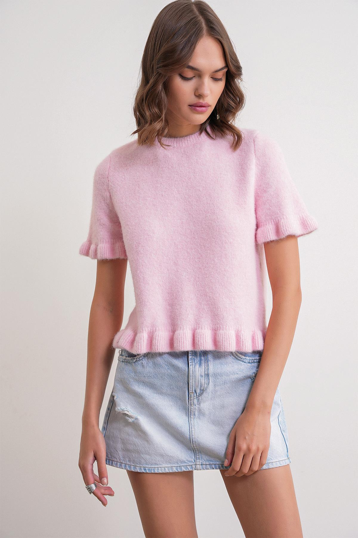 6974 Kadın Triko Fırfırlı Kısa Kol Kazak Pembe