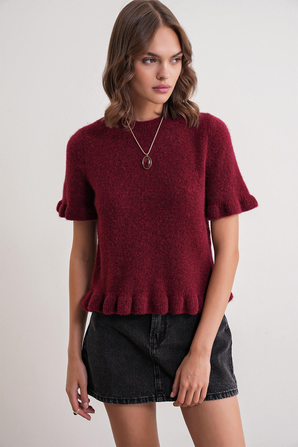 6974 Kadın Triko Fırfırlı Kısa Kol Kazak Bordo