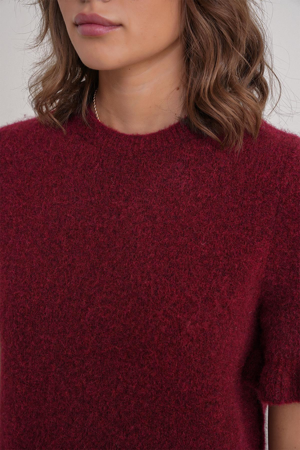 6974 Kadın Triko Fırfırlı Kısa Kol Kazak Bordo