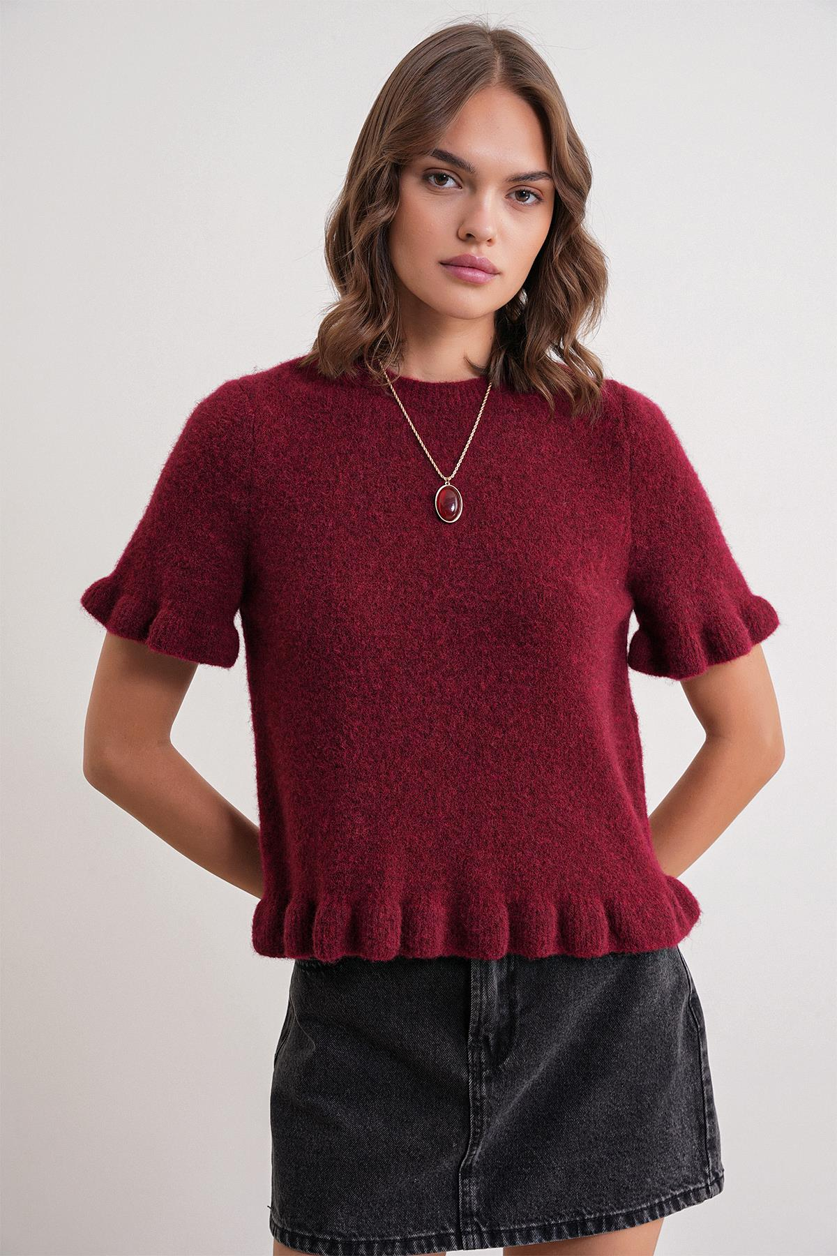 6974 Kadın Triko Fırfırlı Kısa Kol Kazak Bordo