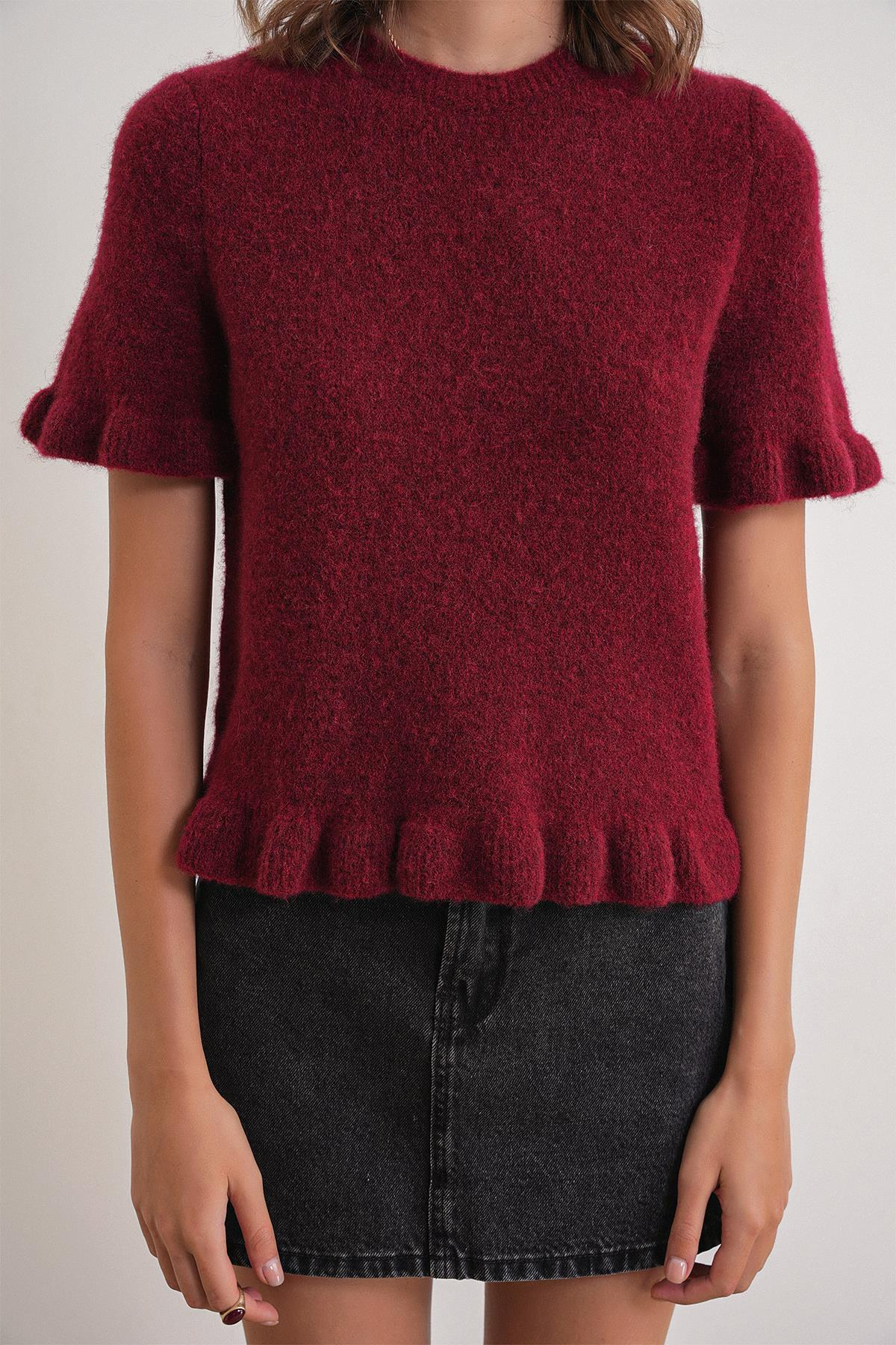 6974 Kadın Triko Fırfırlı Kısa Kol Kazak Bordo