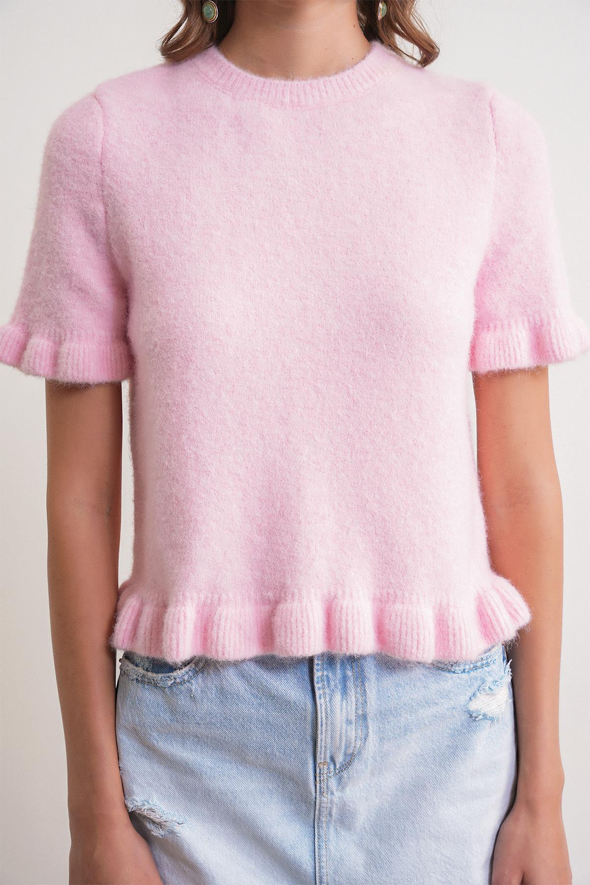 6974 Kadın Triko Fırfırlı Kısa Kol Kazak Pembe