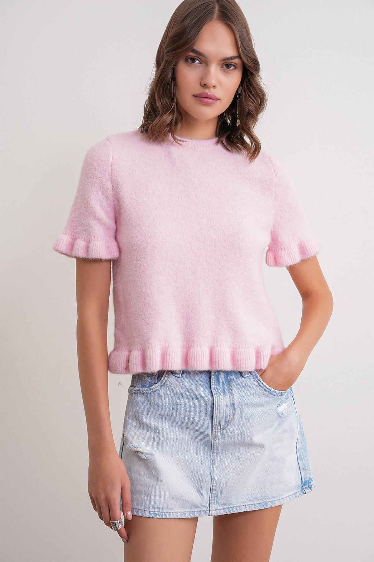 6974 Kadın Triko Fırfırlı Kısa Kol Kazak Pembe