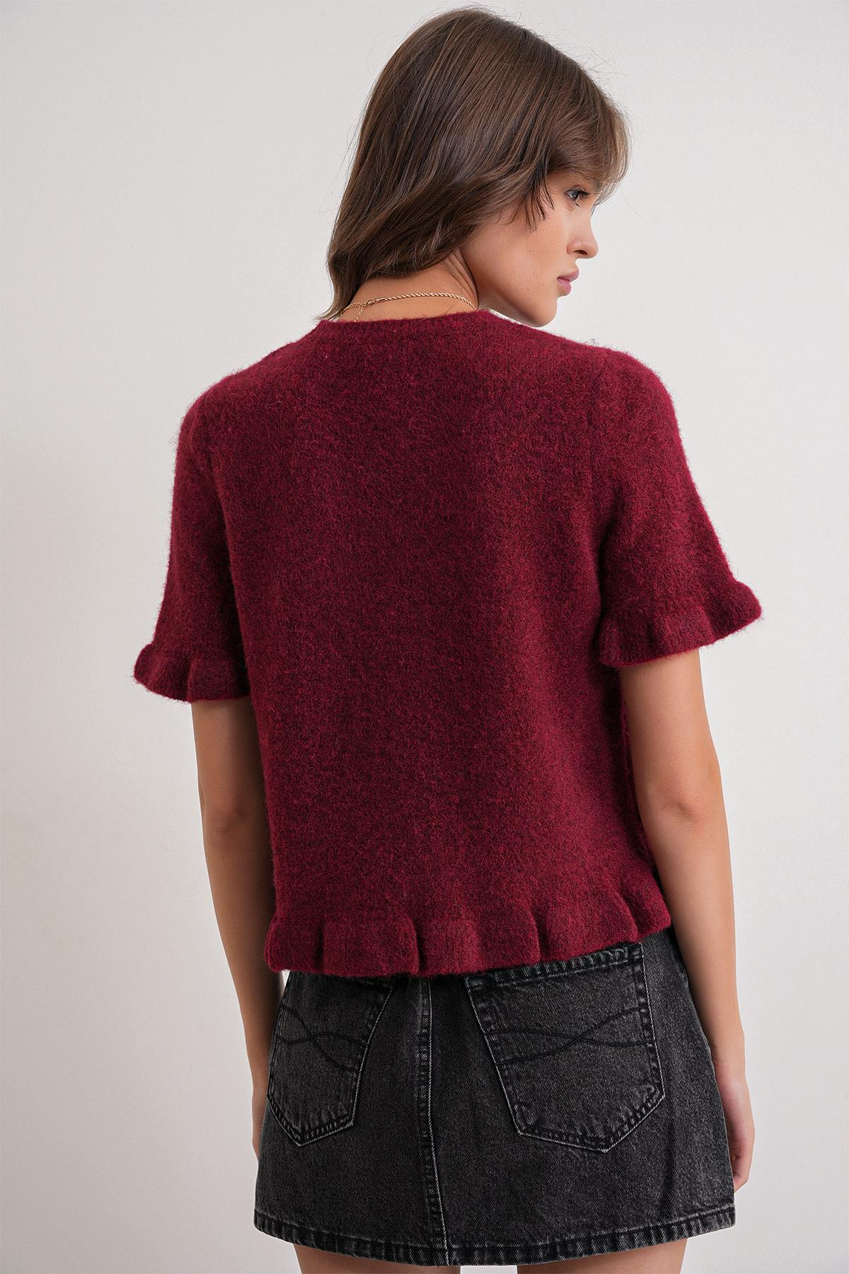 6974 Kadın Triko Fırfırlı Kısa Kol Kazak Bordo