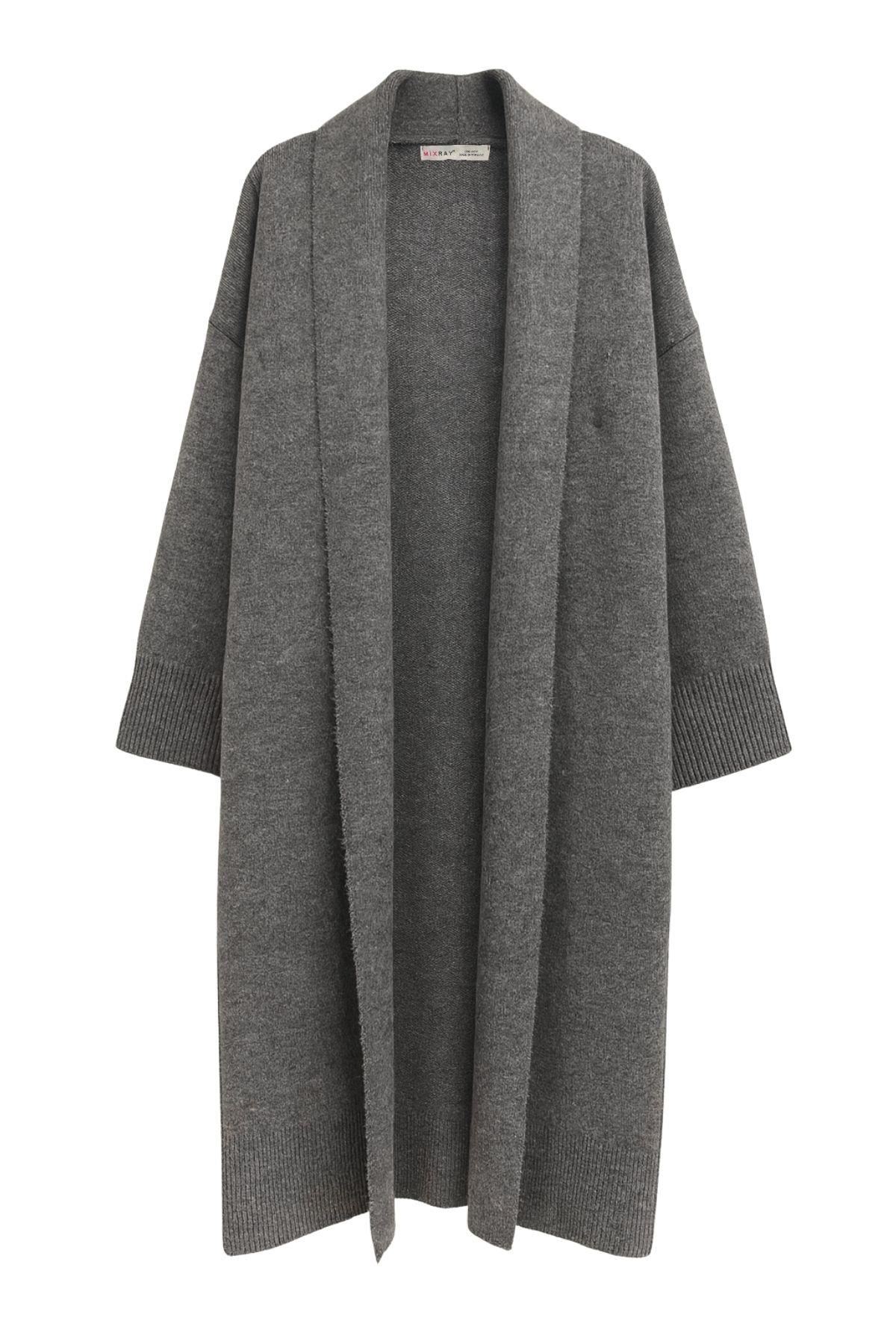 6975 Kadın Şal Yaka Uzun Triko Hırka Antrasit