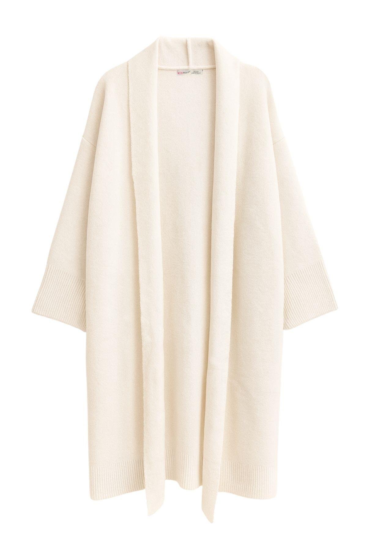 6975 Kadın Şal Yaka Uzun Triko Hırka Kemik