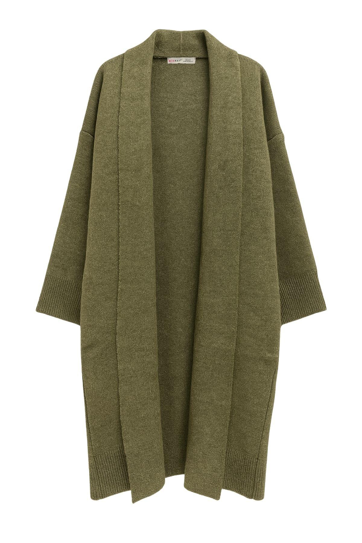 6975 Kadın Şal Yaka Uzun Triko Hırka Yeşil