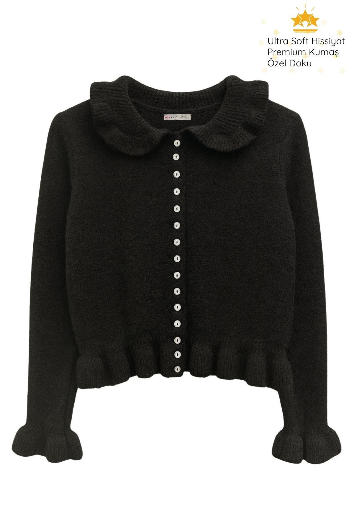 6976 Kadın Fırfır Detaylı Yün Karışımlı Premium Triko Kazak Siyah