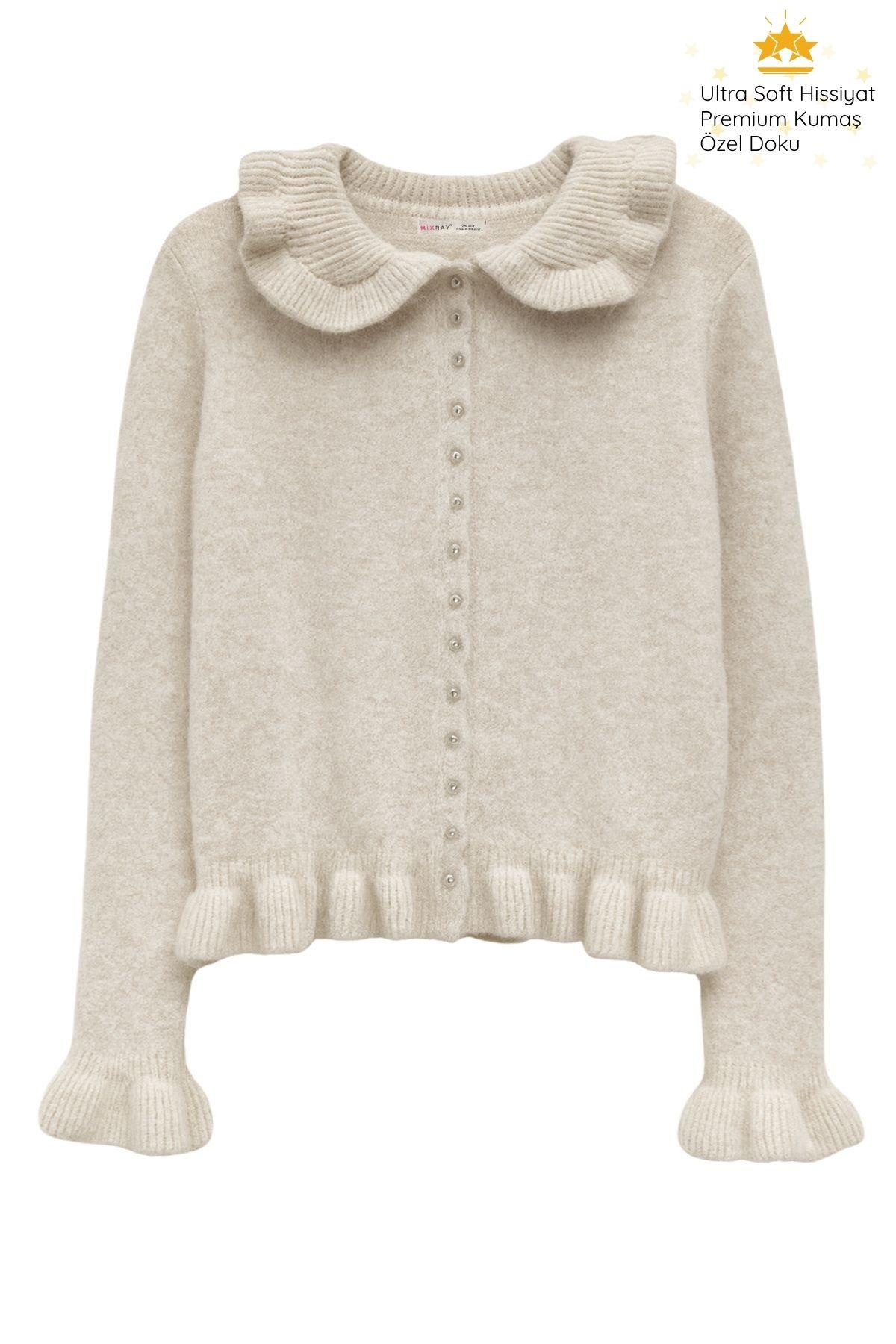 6976 Kadın Fırfır Detaylı Yün Karışımlı Premium Triko Kazak Taş Marn