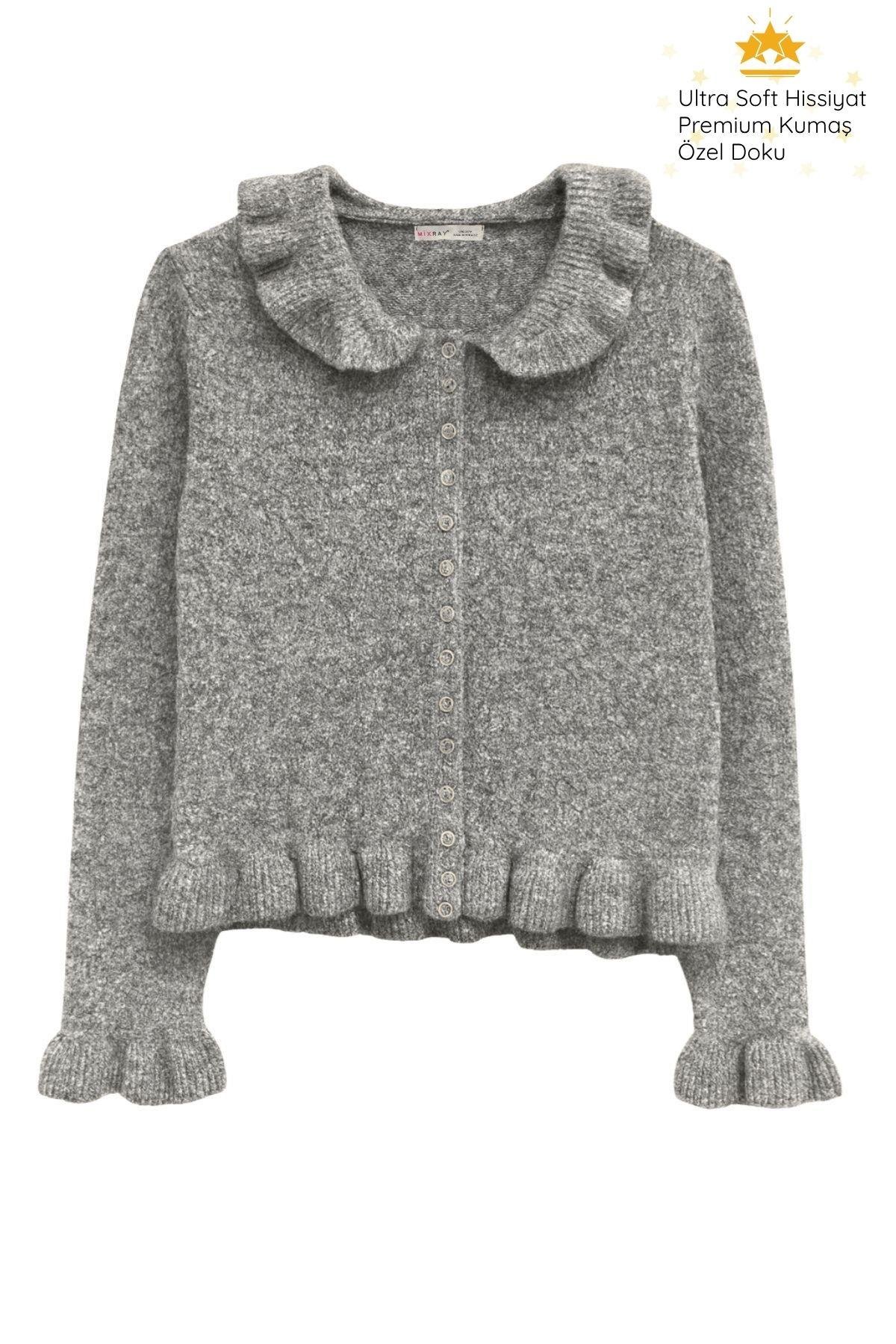 6976 Kadın Fırfır Detaylı Yün Karışımlı Premium Triko Kazak Koyu Gri