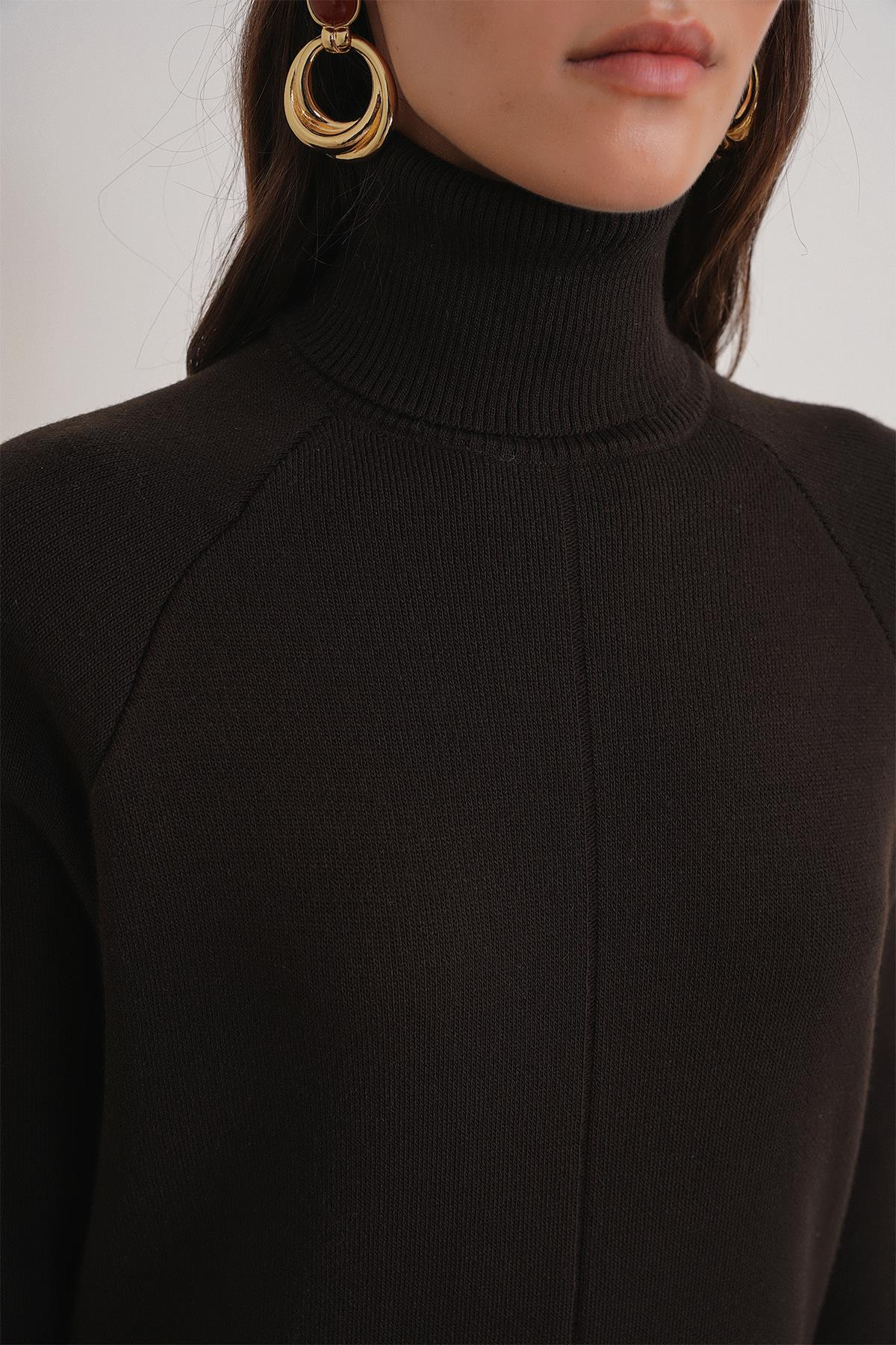 6980 Kadın Dik Yaka Oversize Triko Elbise Kahve