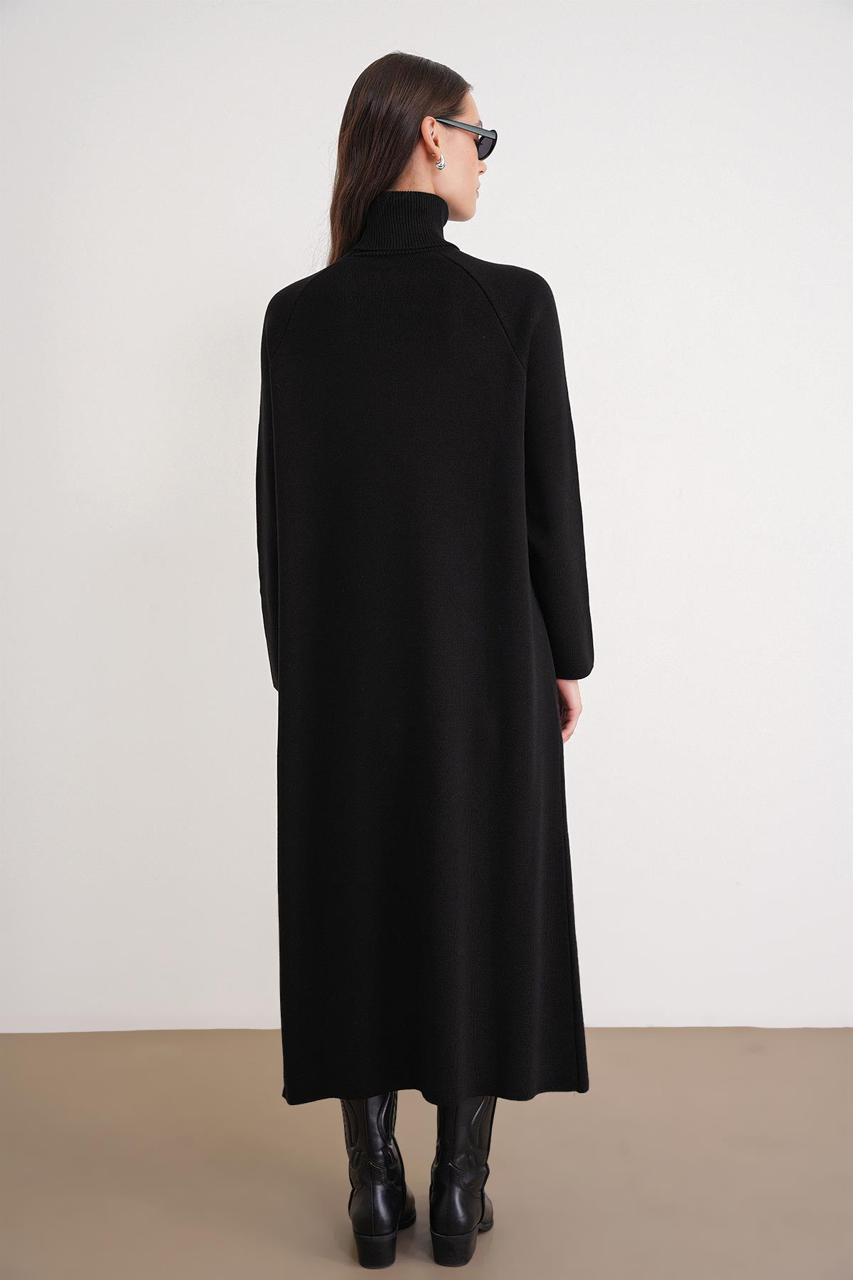 6980 Kadın Dik Yaka Oversize Triko Elbise Siyah