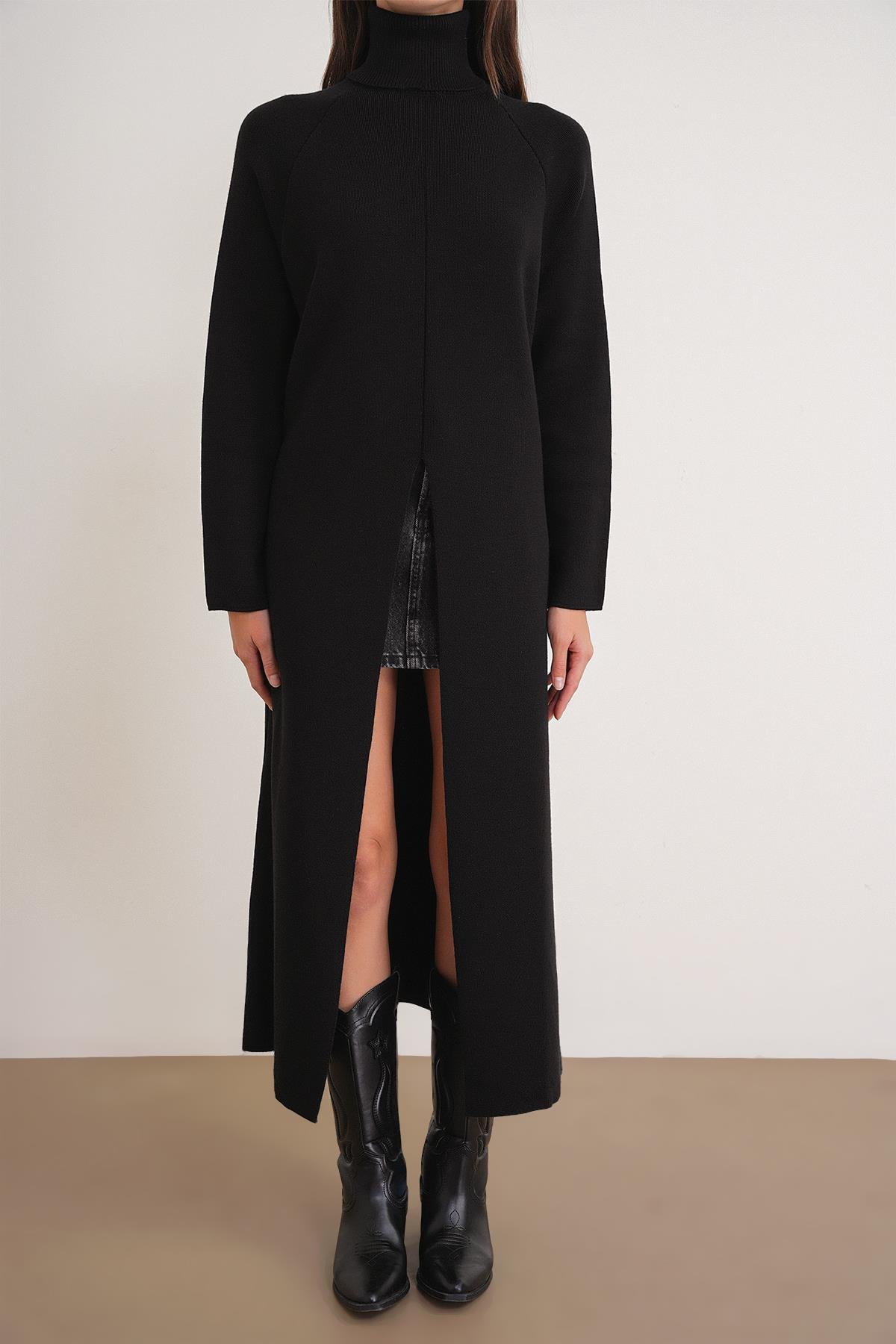 6980 Kadın Dik Yaka Oversize Triko Elbise Siyah