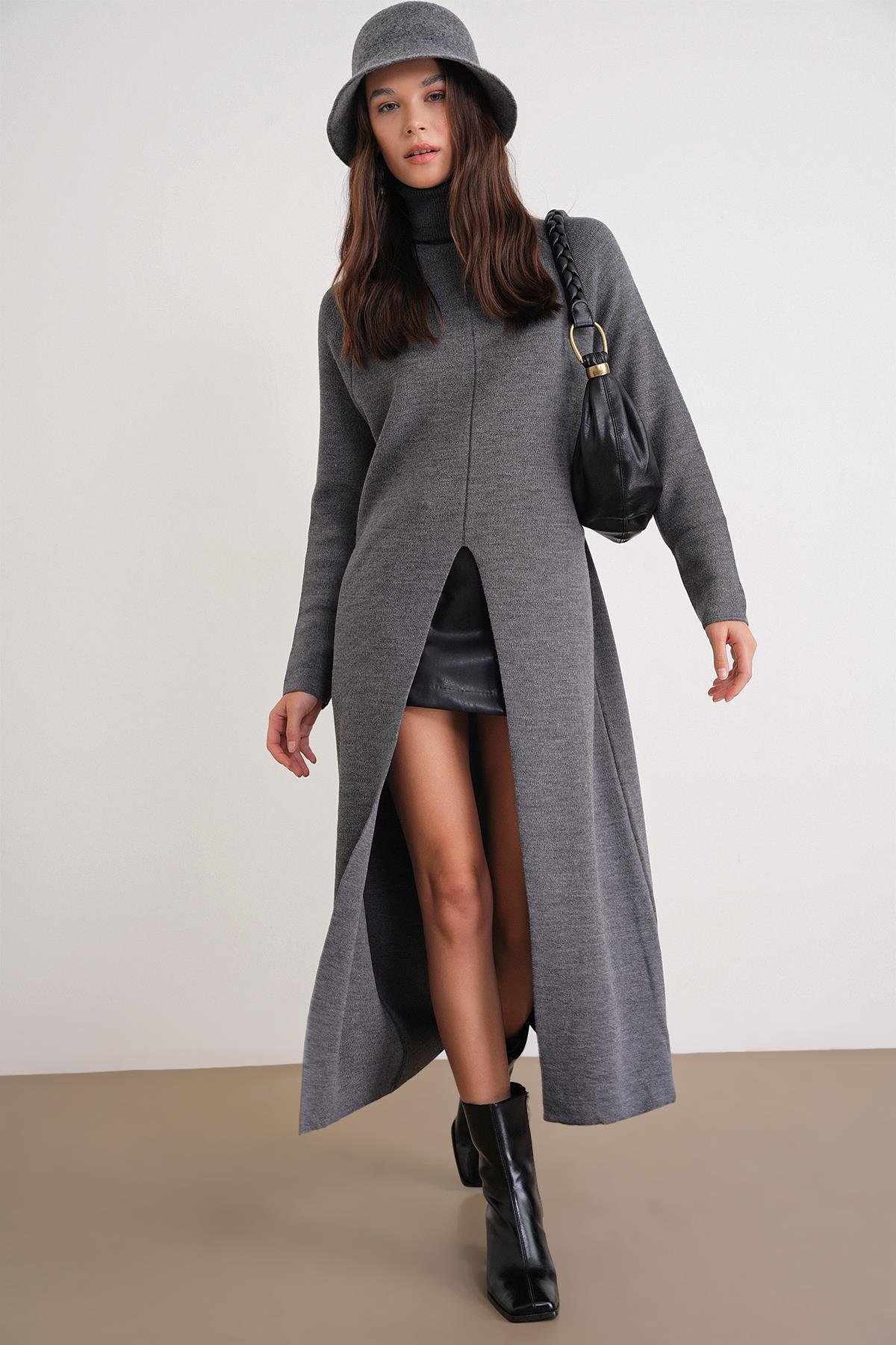 6980 Kadın Dik Yaka Oversize Triko Elbise Antrasit