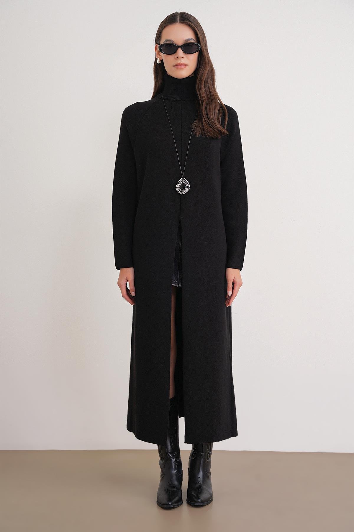 6980 Kadın Dik Yaka Oversize Triko Elbise Siyah