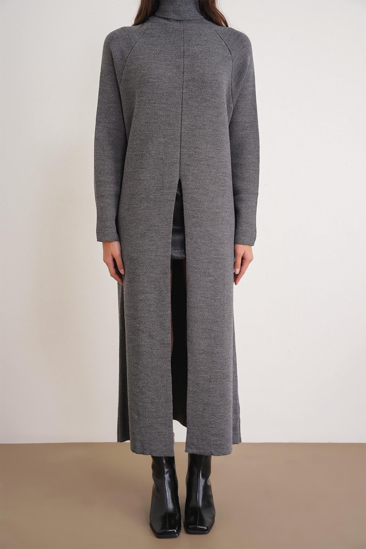 6980 Kadın Dik Yaka Oversize Triko Elbise Antrasit