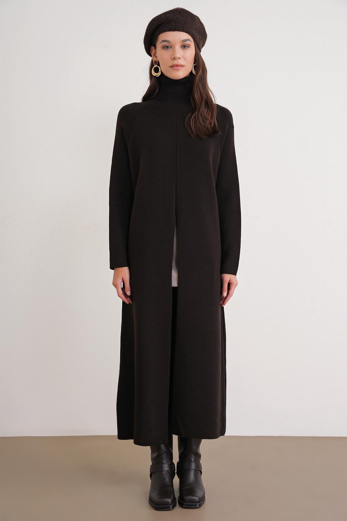 6980 Kadın Dik Yaka Oversize Triko Elbise Kahve