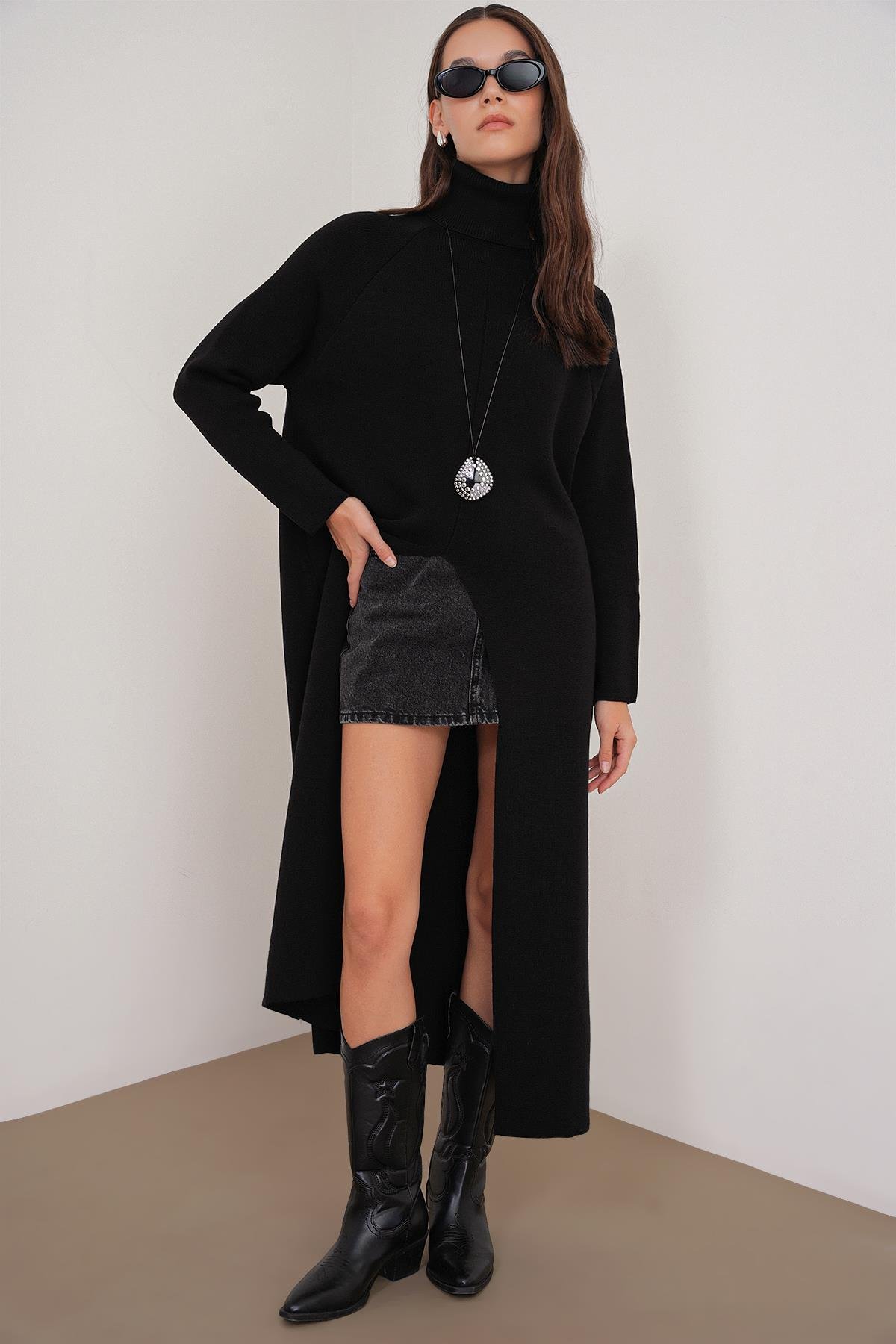 6980 Kadın Dik Yaka Oversize Triko Elbise Siyah