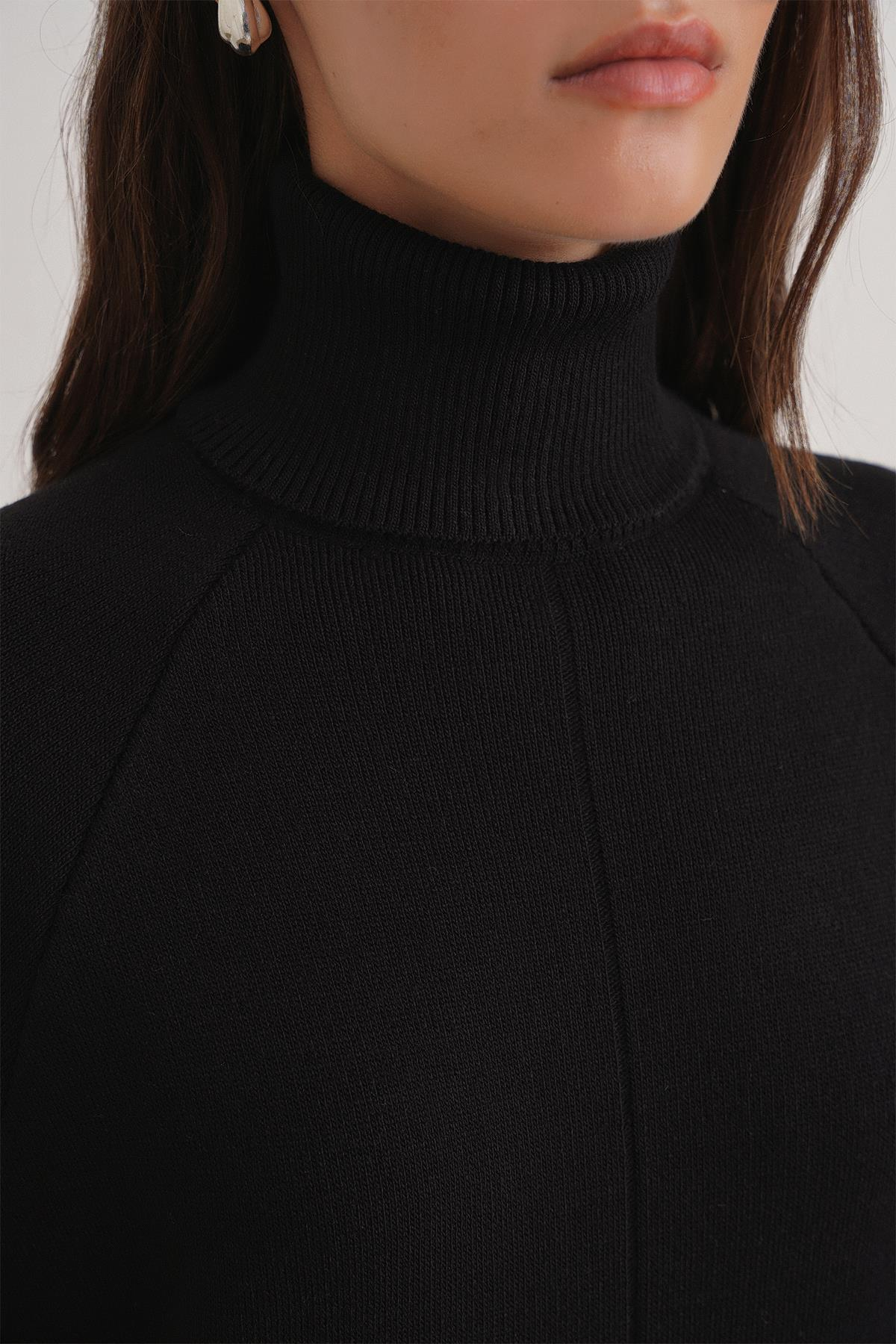 6980 Kadın Dik Yaka Oversize Triko Elbise Siyah