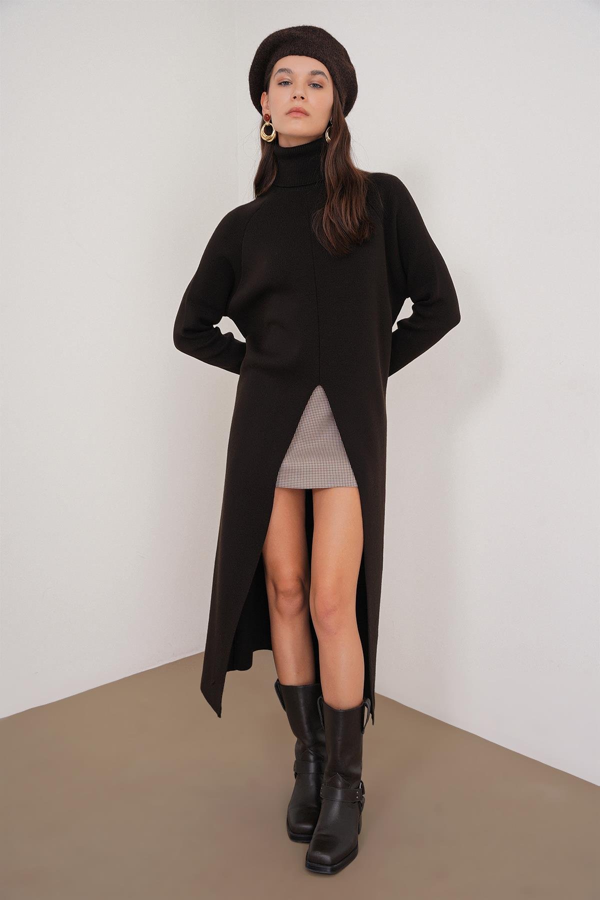 6980 Kadın Dik Yaka Oversize Triko Elbise Kahve