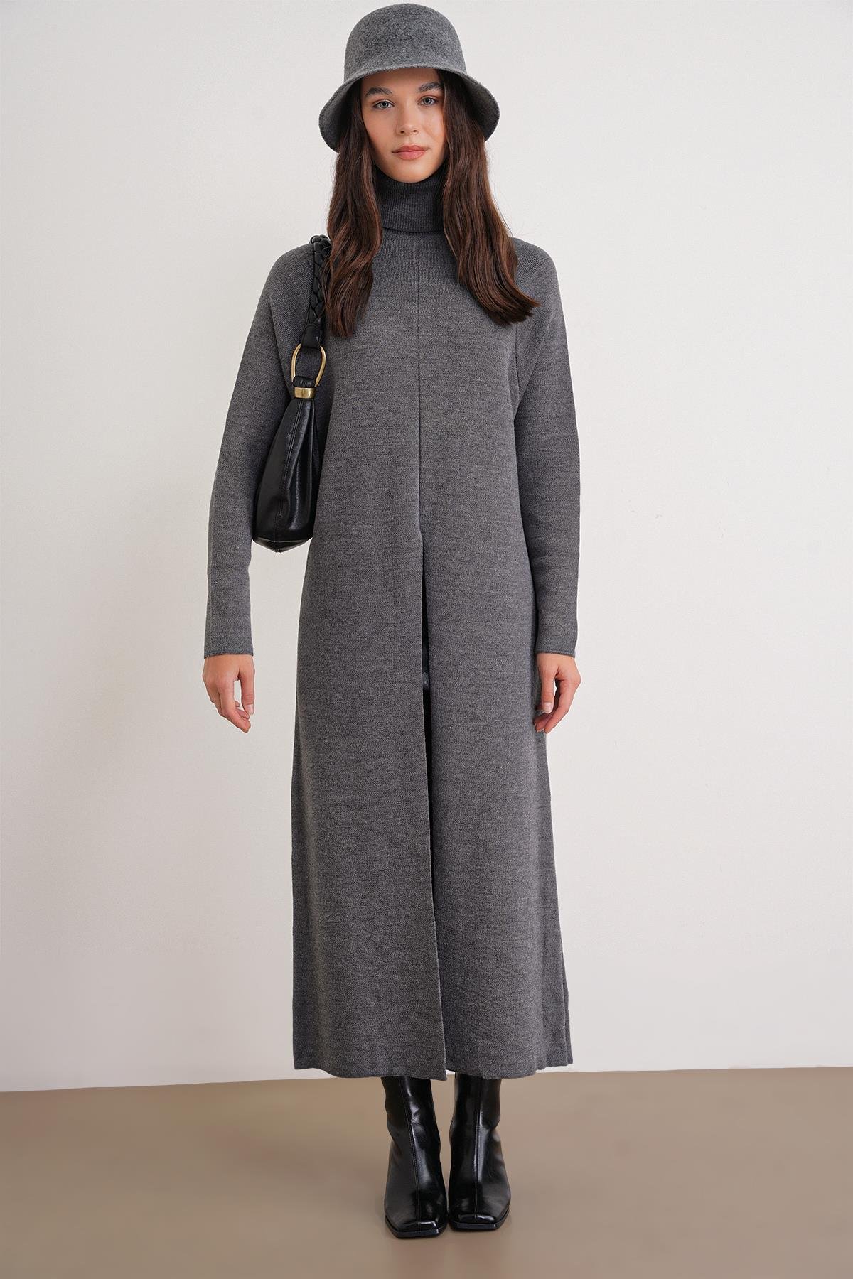 6980 Kadın Dik Yaka Oversize Triko Elbise Antrasit