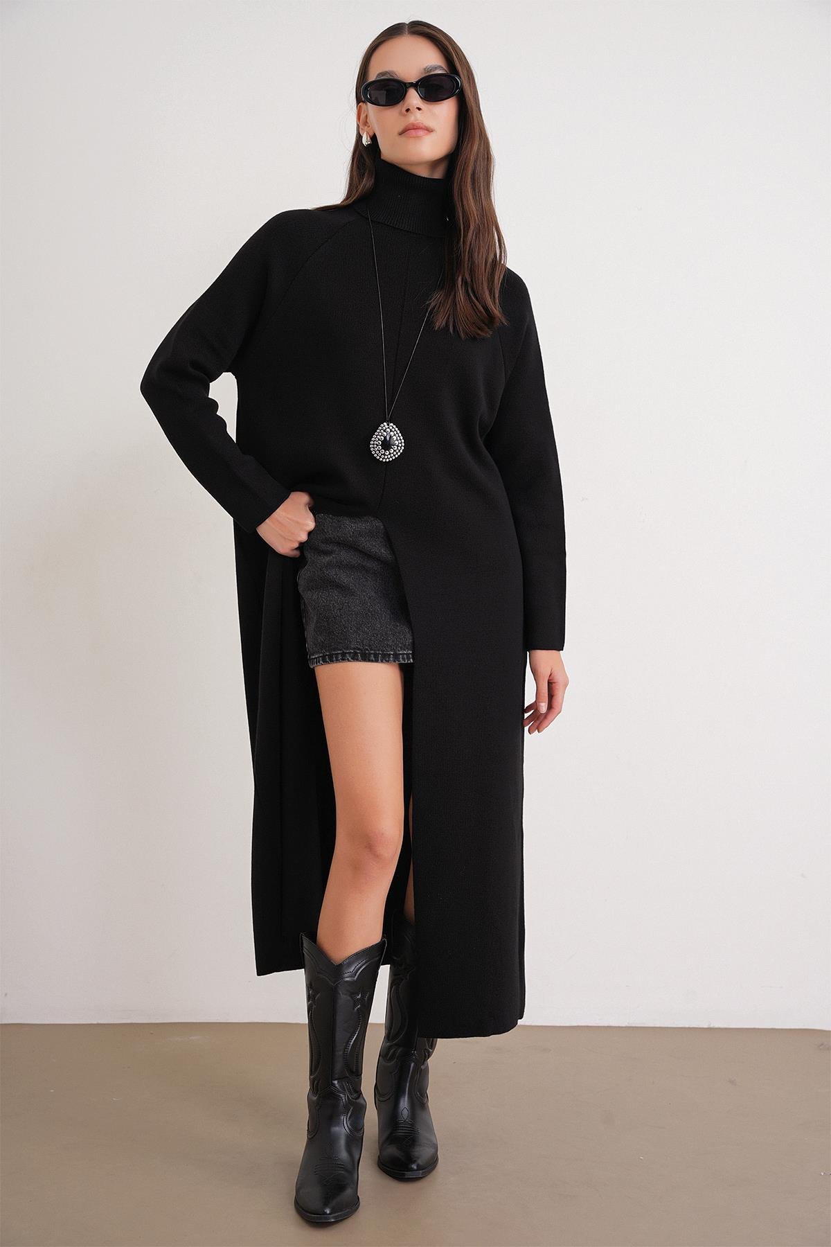 6980 Kadın Dik Yaka Oversize Triko Elbise Siyah