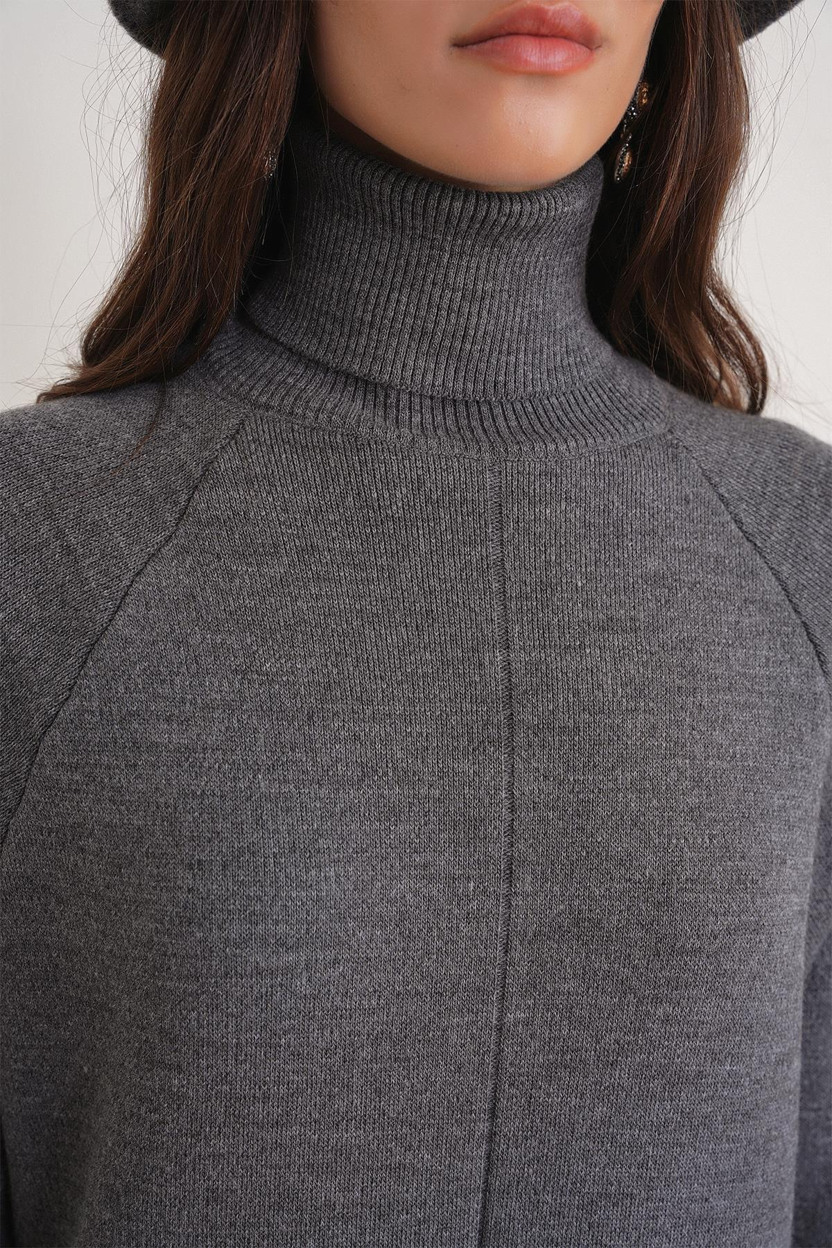 6980 Kadın Dik Yaka Oversize Triko Elbise Antrasit