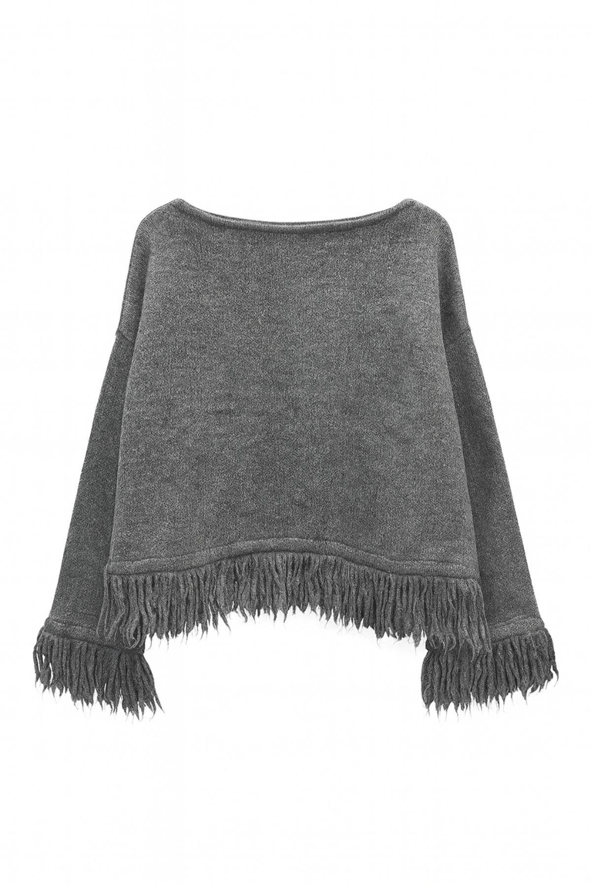 6981 Kadın Püskül Detaylı Kayık Yaka Triko Kazak Antrasit