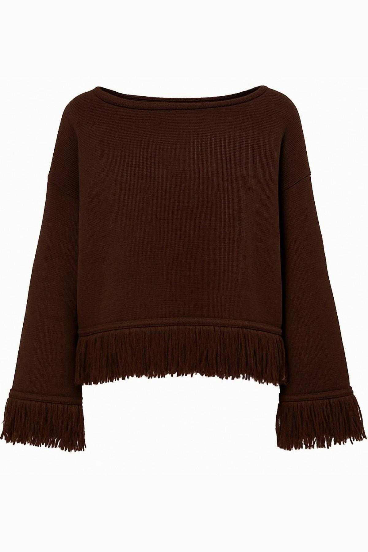 6981 Kadın Saçaklı Triko Kazak Kahve