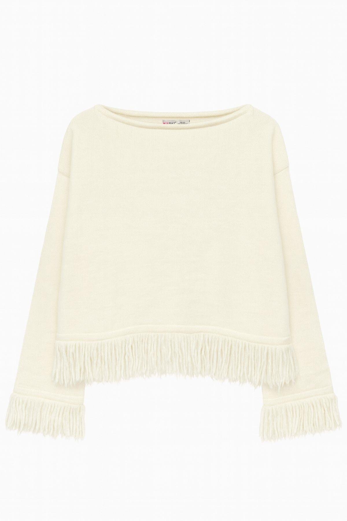 6981 Kadın Saçaklı Triko Kazak Naturel