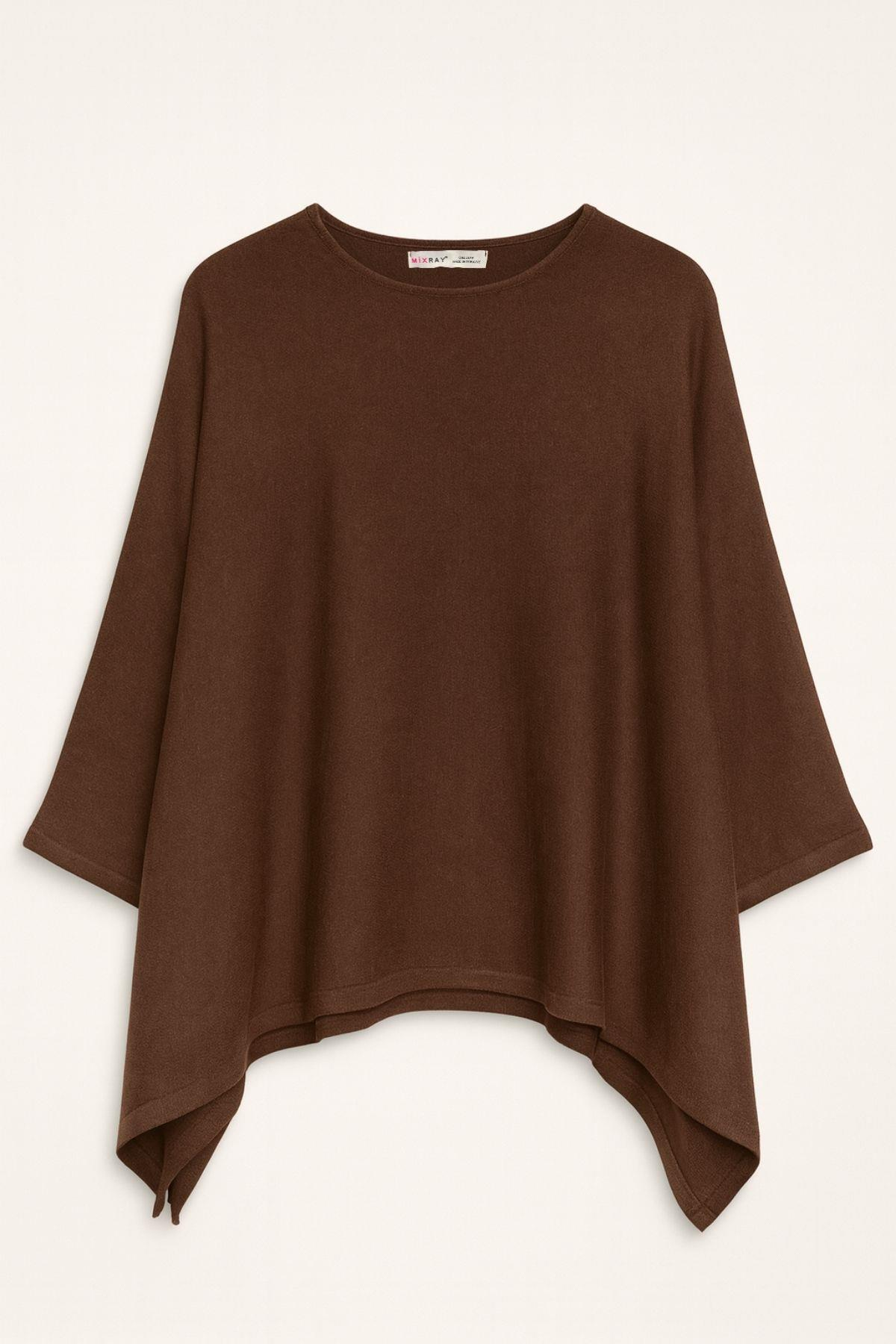 6984 Kadın Yumuşak Dokulu Triko Panço Kazak Kahve