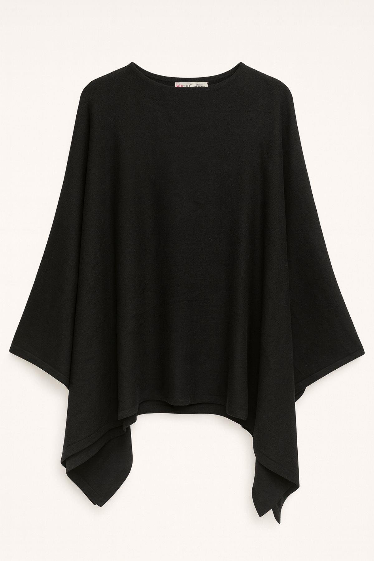 6984 Kadın Yumuşak Dokulu Triko Panço Kazak Siyah