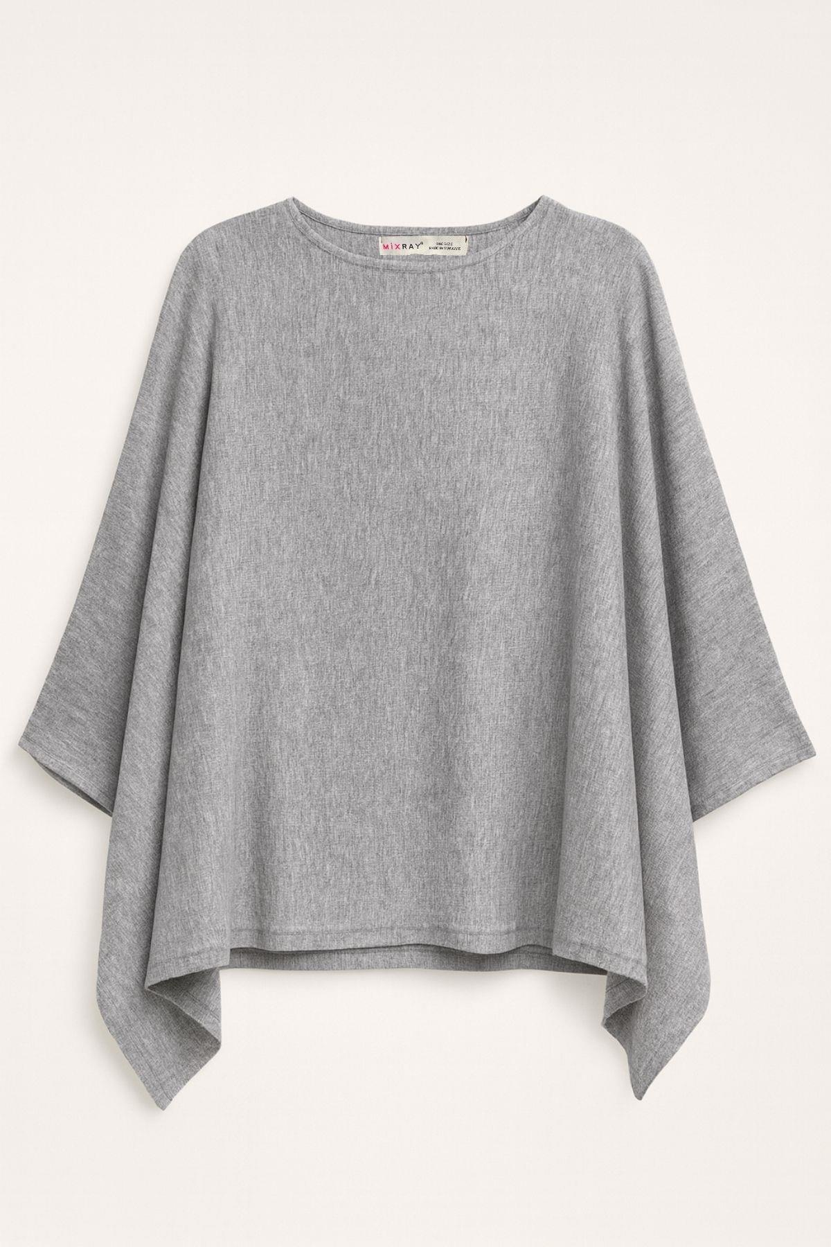 6984 Kadın Yumuşak Dokulu Triko Panço Kazak Gri