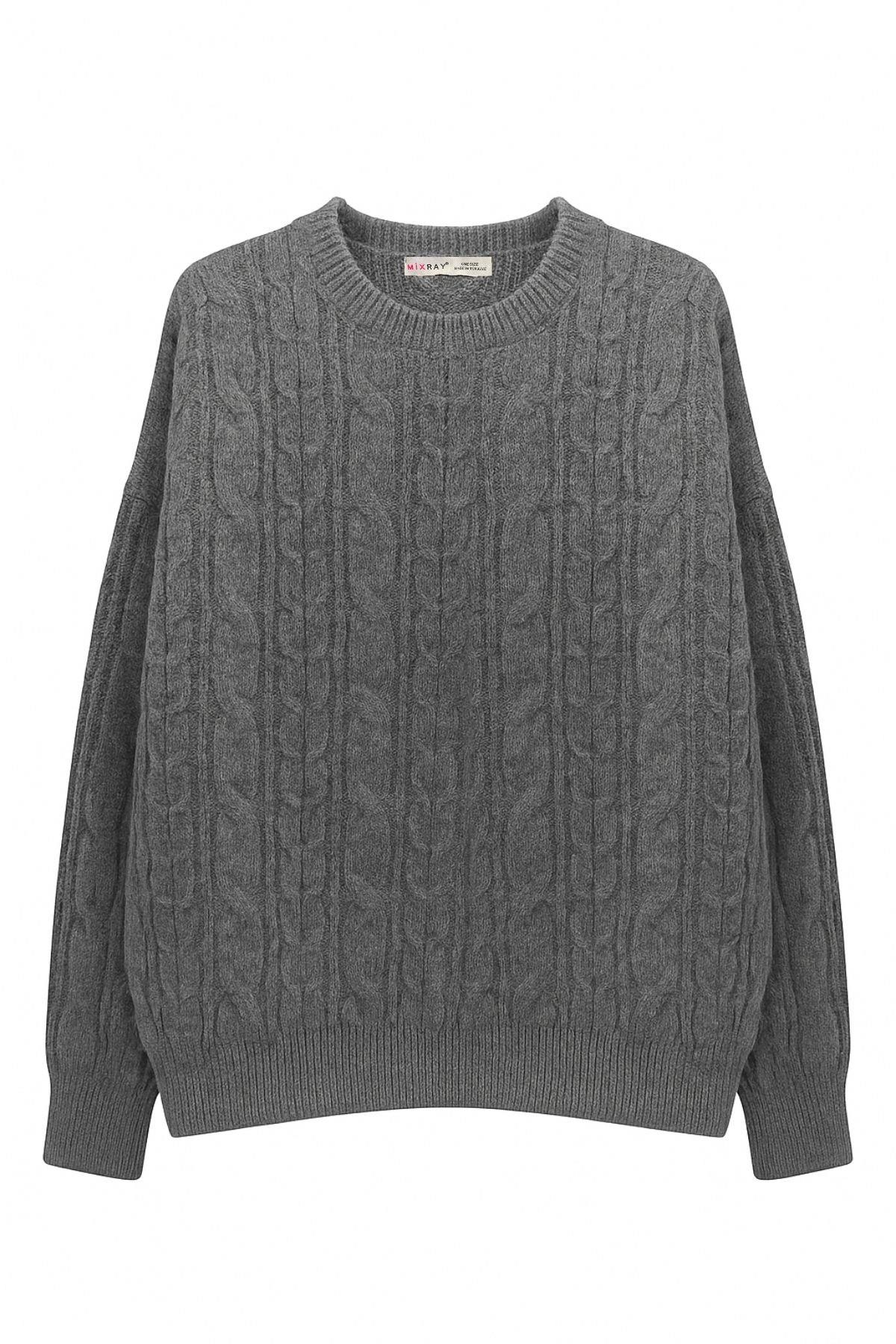 6986 Kadın Oversize Saç Örgü Yumuşak Dokulu Triko Kazak Antrasit